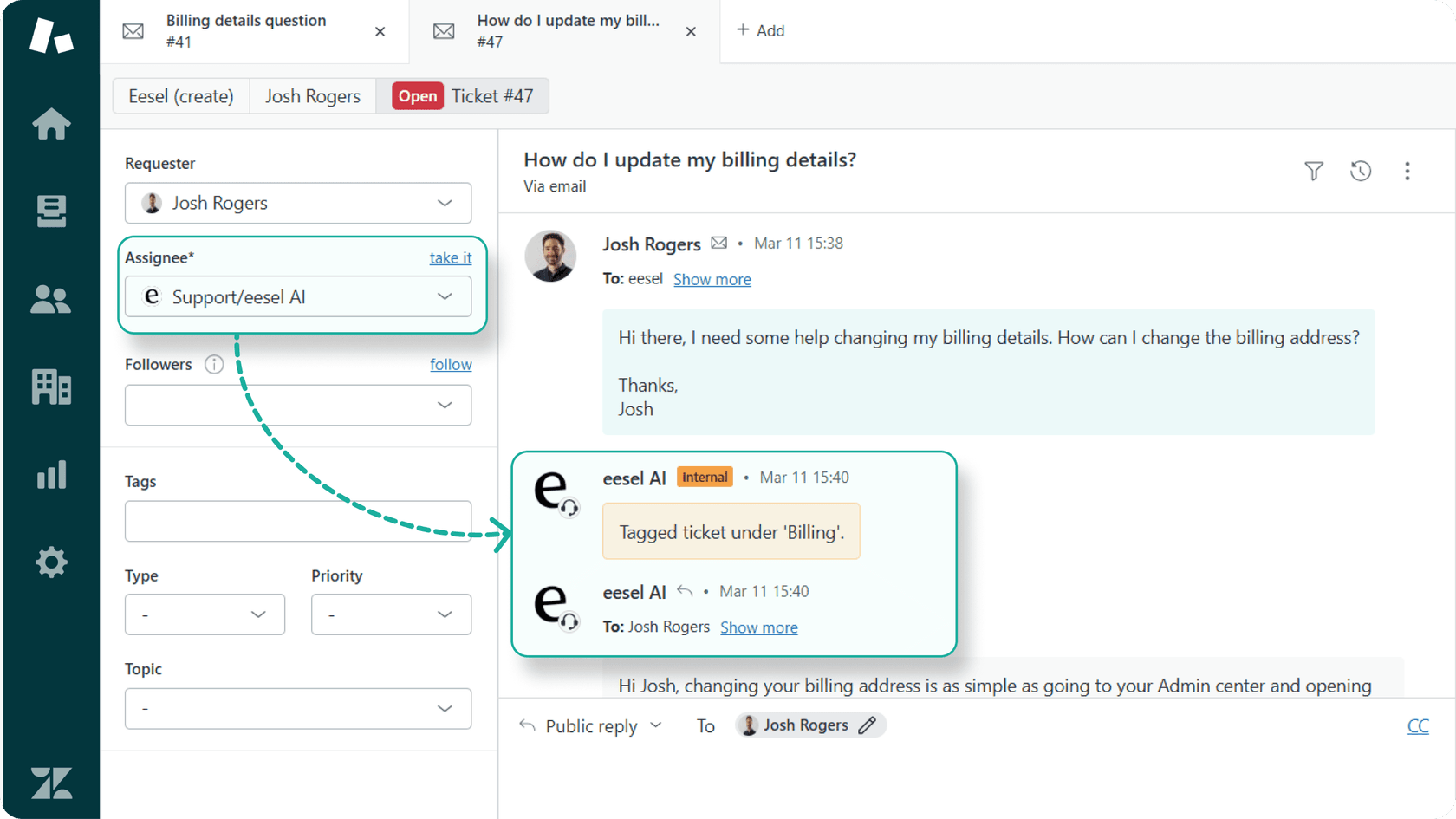 Zendesk AI dashboard integrated with eesel AI which is a GPT powered integration.