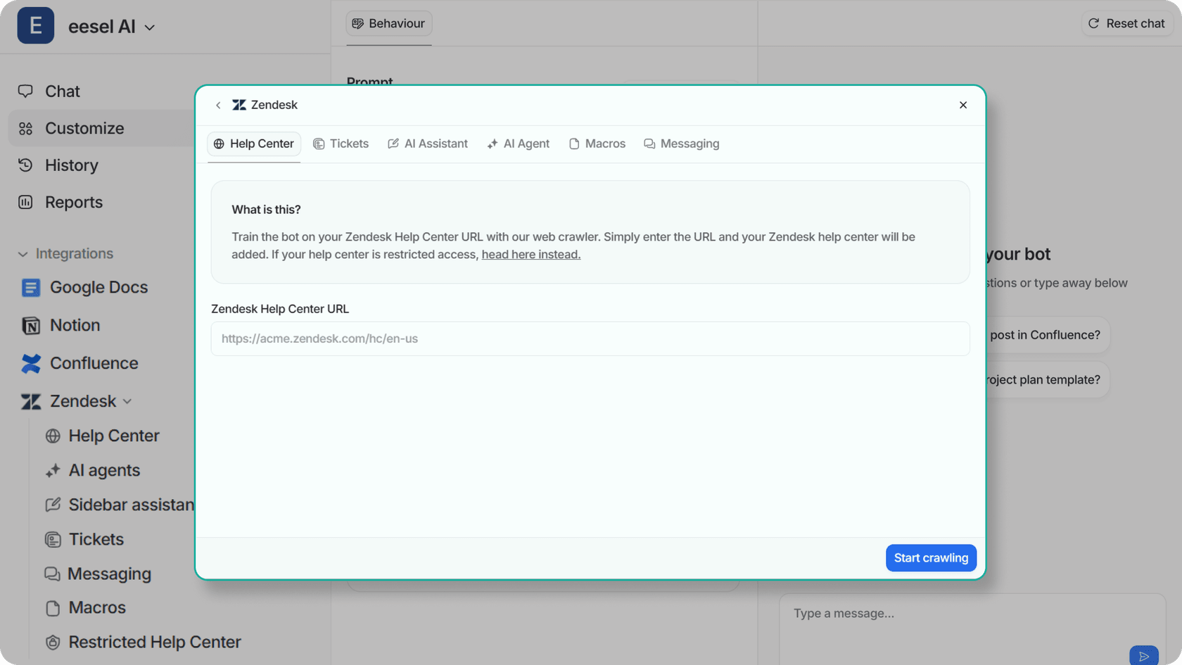Screenshot showing the eesel AI dashboard's initial setup interface with key configuration options highlighted.
