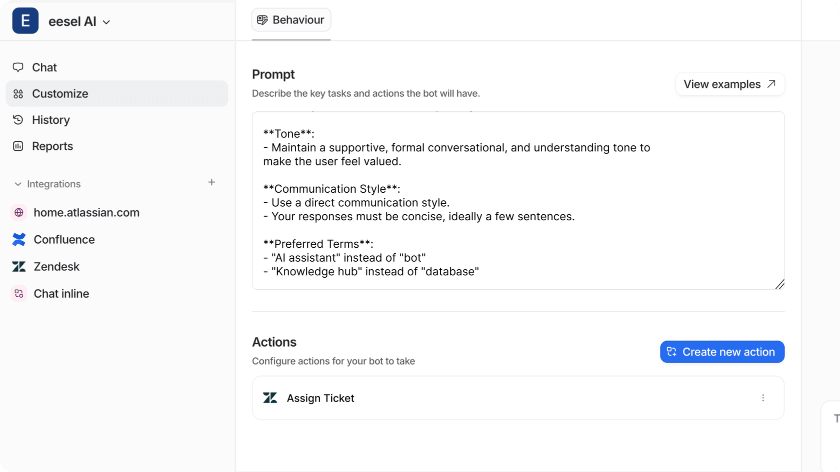 Screenshot of eesel AI customization interface showing: various settings on tone.