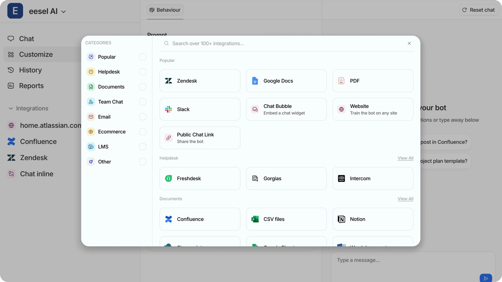 eesel AI knowledge base integration with Confluence, Google Drive, and Zendesk