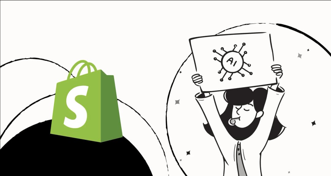 Shopify logo beside an illustrated person holding an AI sign