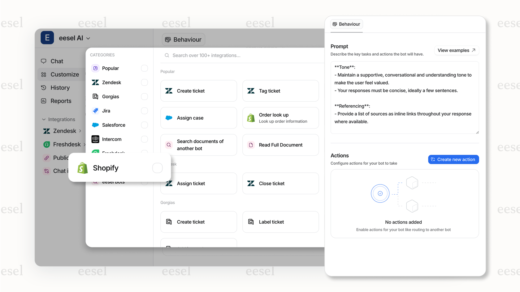 eesel AIのShopify統合とボットのカスタマイズオプション。