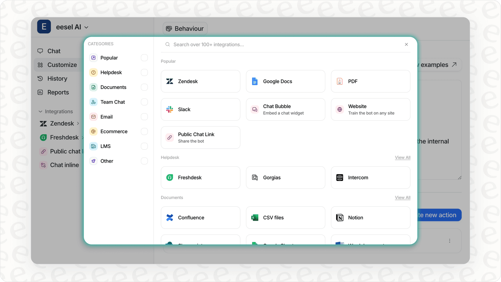Screenshot of the eesel AI integrations page showing connectors for helpdesks and document sources, illustrating how easily it integrates to improve lead generation or sales automation.