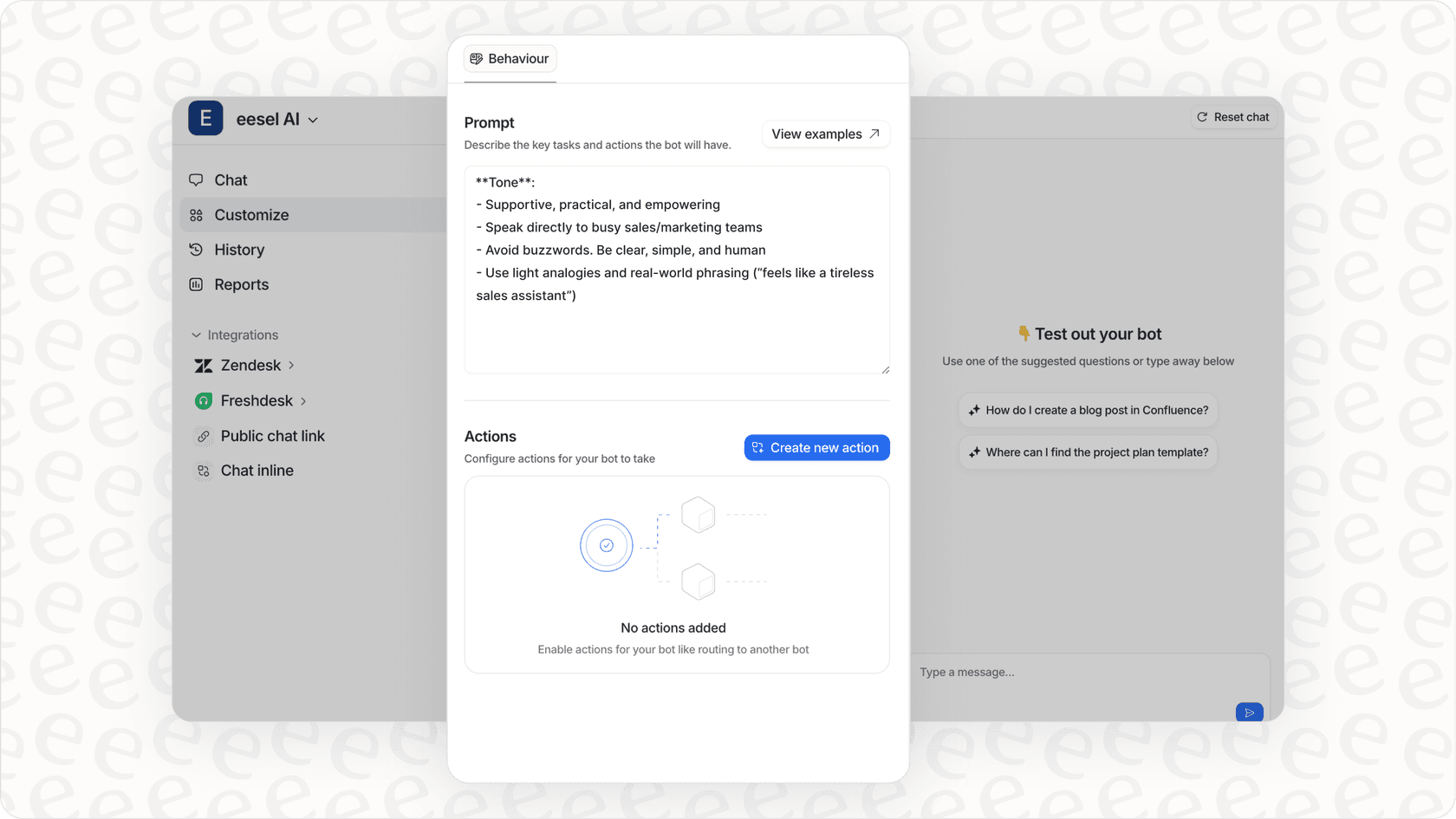 Screenshot of the eesel AI platform's prompt and actions configuration page, showing options to customize bot behavior to improve lead generation or sales automation.