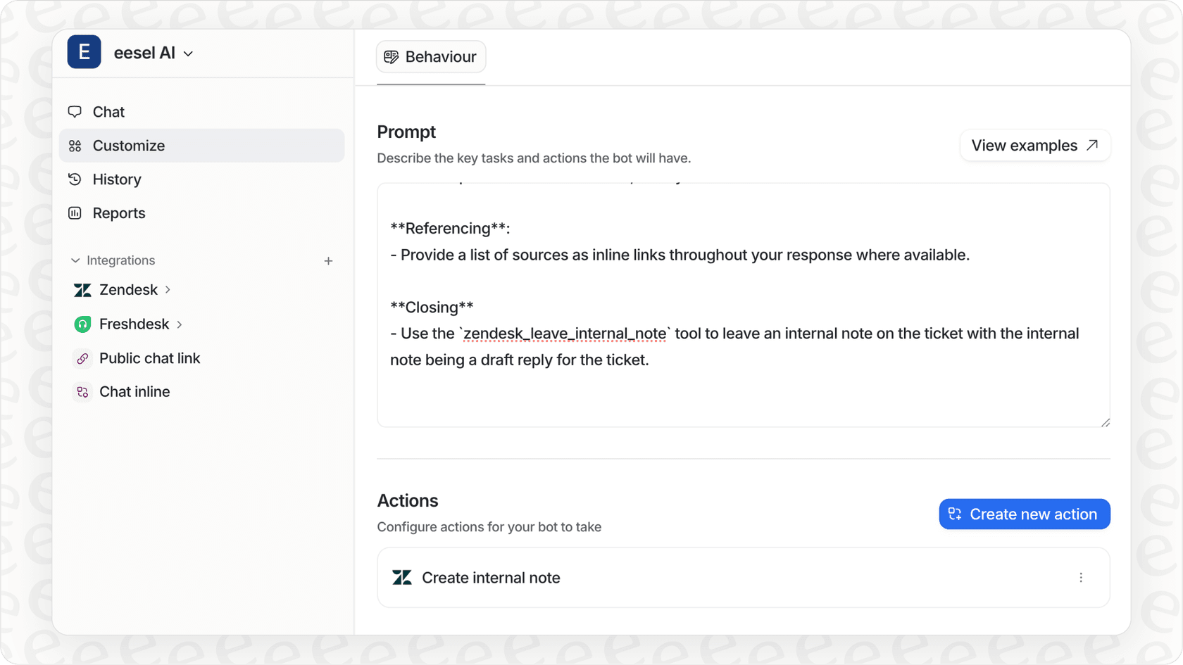 Screenshot of eesel AI’s customization panel with customized prompts shown.