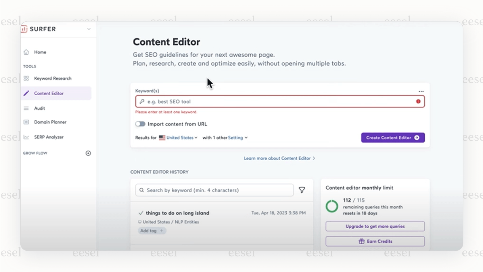 SEO最適化の提案を表示するSurfer AIコンテンツエディター。