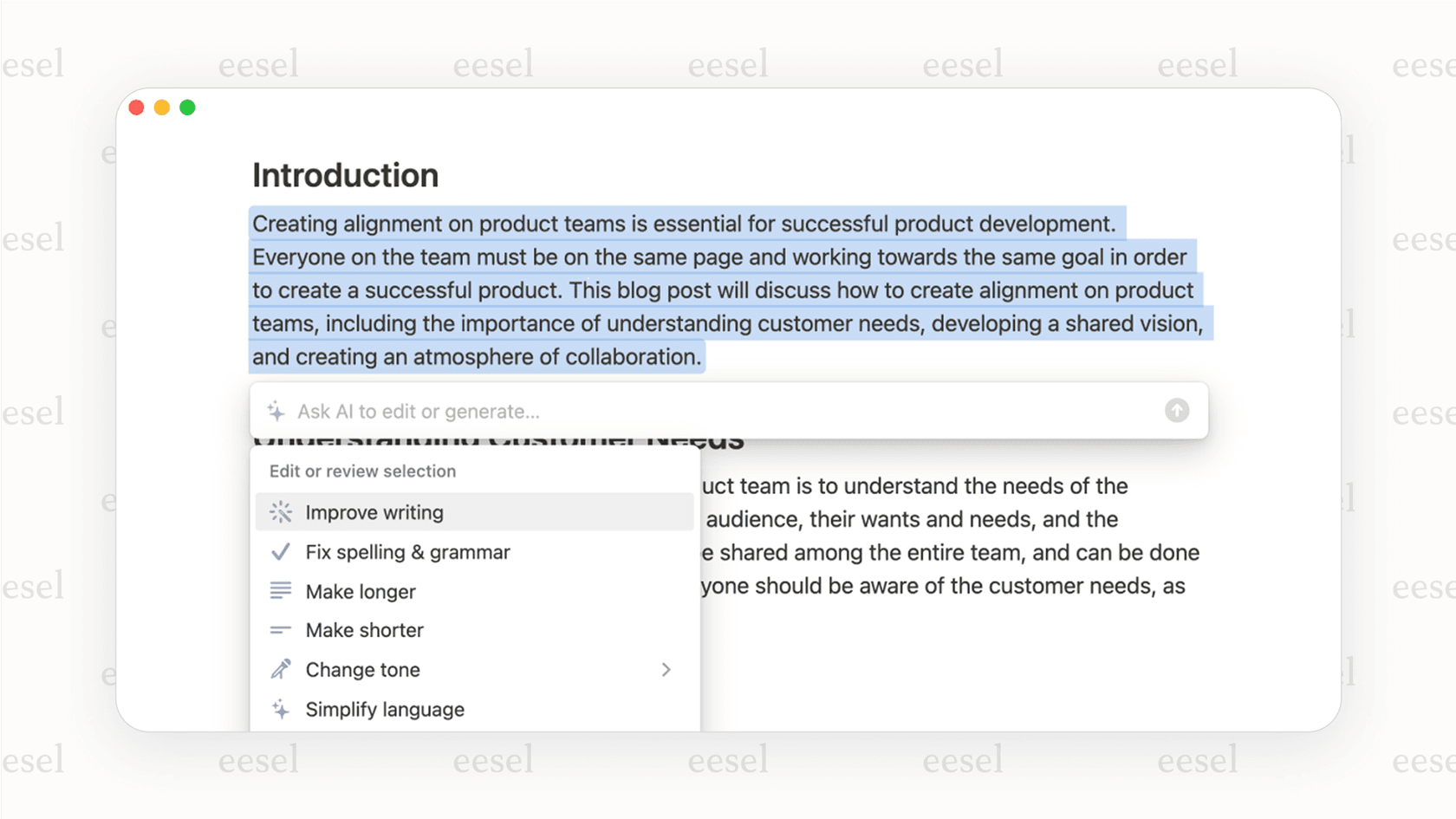Content editing features of the Notion AI chatbot.