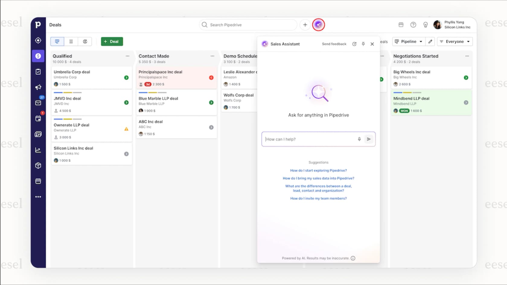 The Pipedrive AI Sales Assistant interface displaying performance-based recommendations and actionable notifications to help a sales rep manage their pipeline.