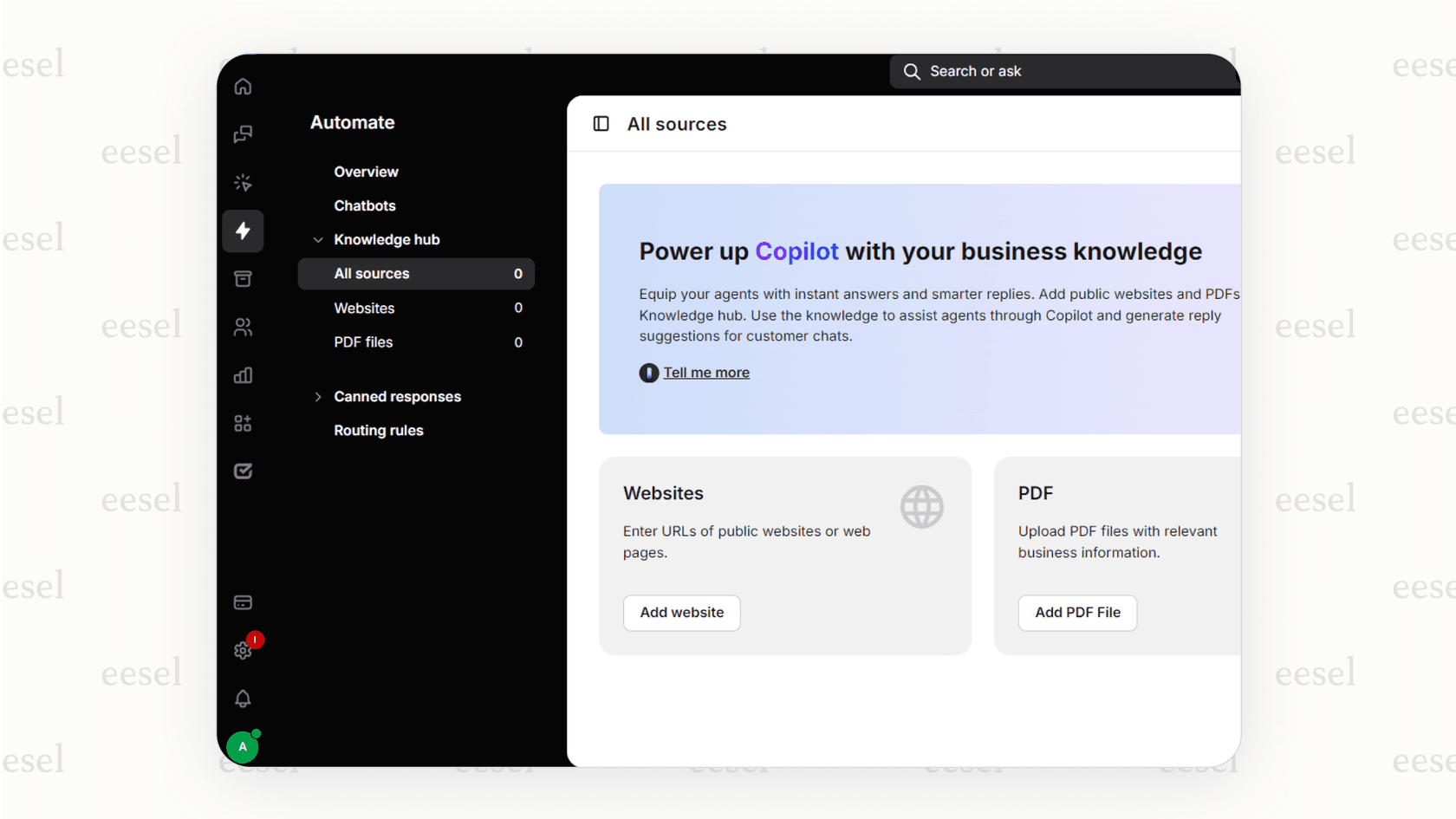 Screenshot of the LiveChat AI admin panel showing the data sources section, with options to add a website URL, upload a PDF file, and connect a Notion page.