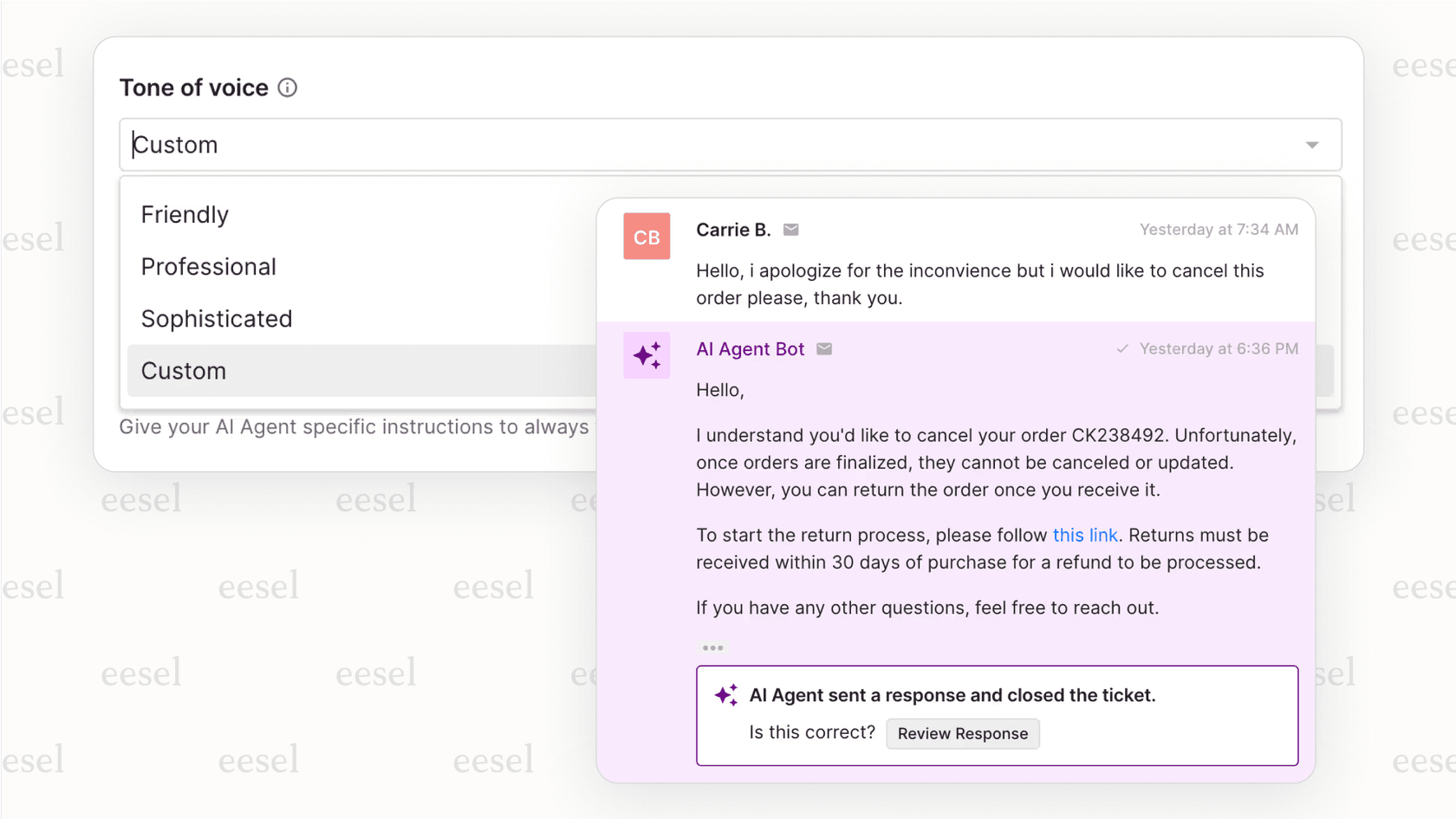 Customizing the brand voice for the Gorgias AI chatbot.