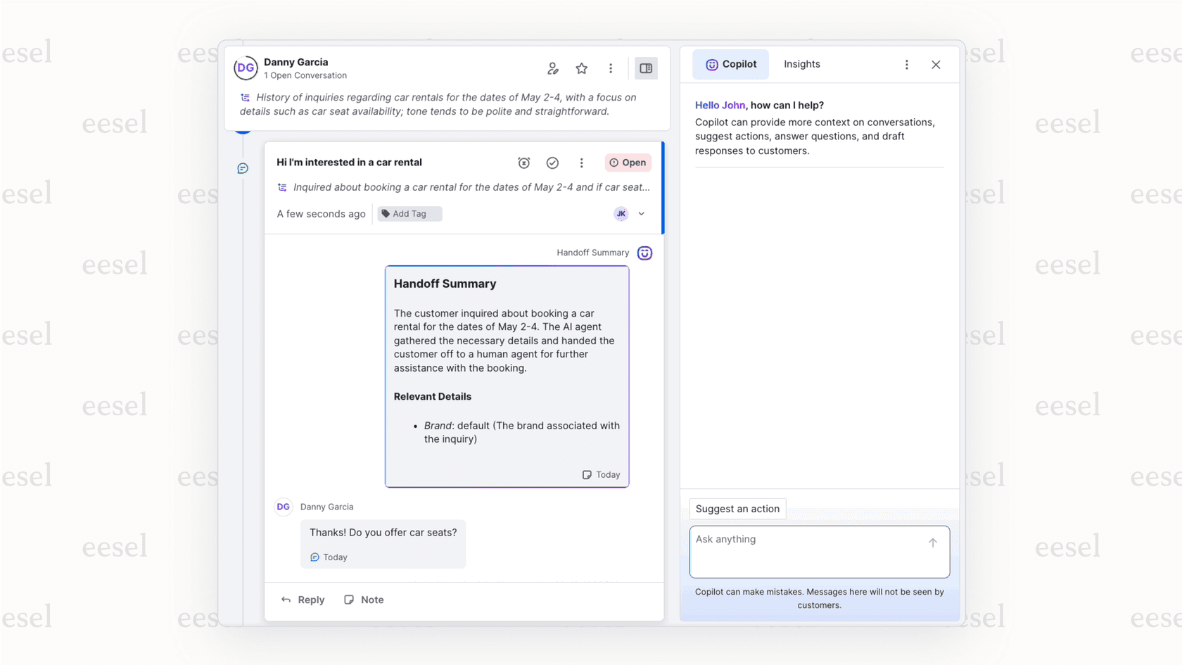 A screenshot demonstrating the Kustomer AI copilot feature, which assists human agents by suggesting replies within the Kustomer platform.
