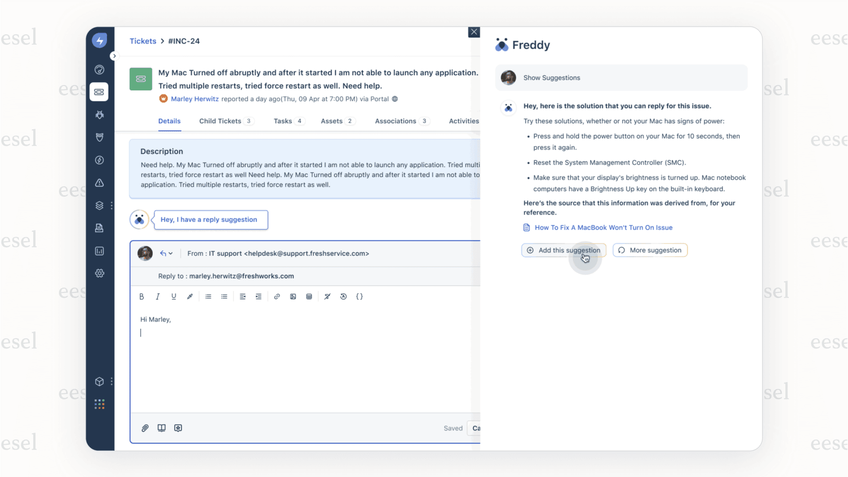 The Freshdesk AI chatbot copilot assisting a support agent.