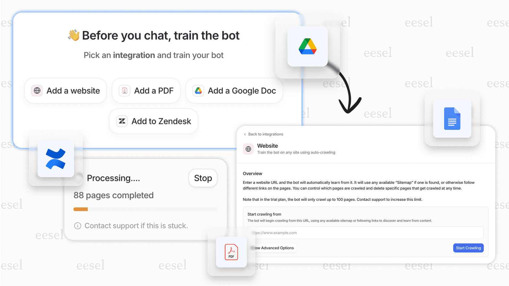 The eesel AI user interface with logos for various knowledge sources like Zendesk and Confluence, illustrating how the Discord AI connects to them.