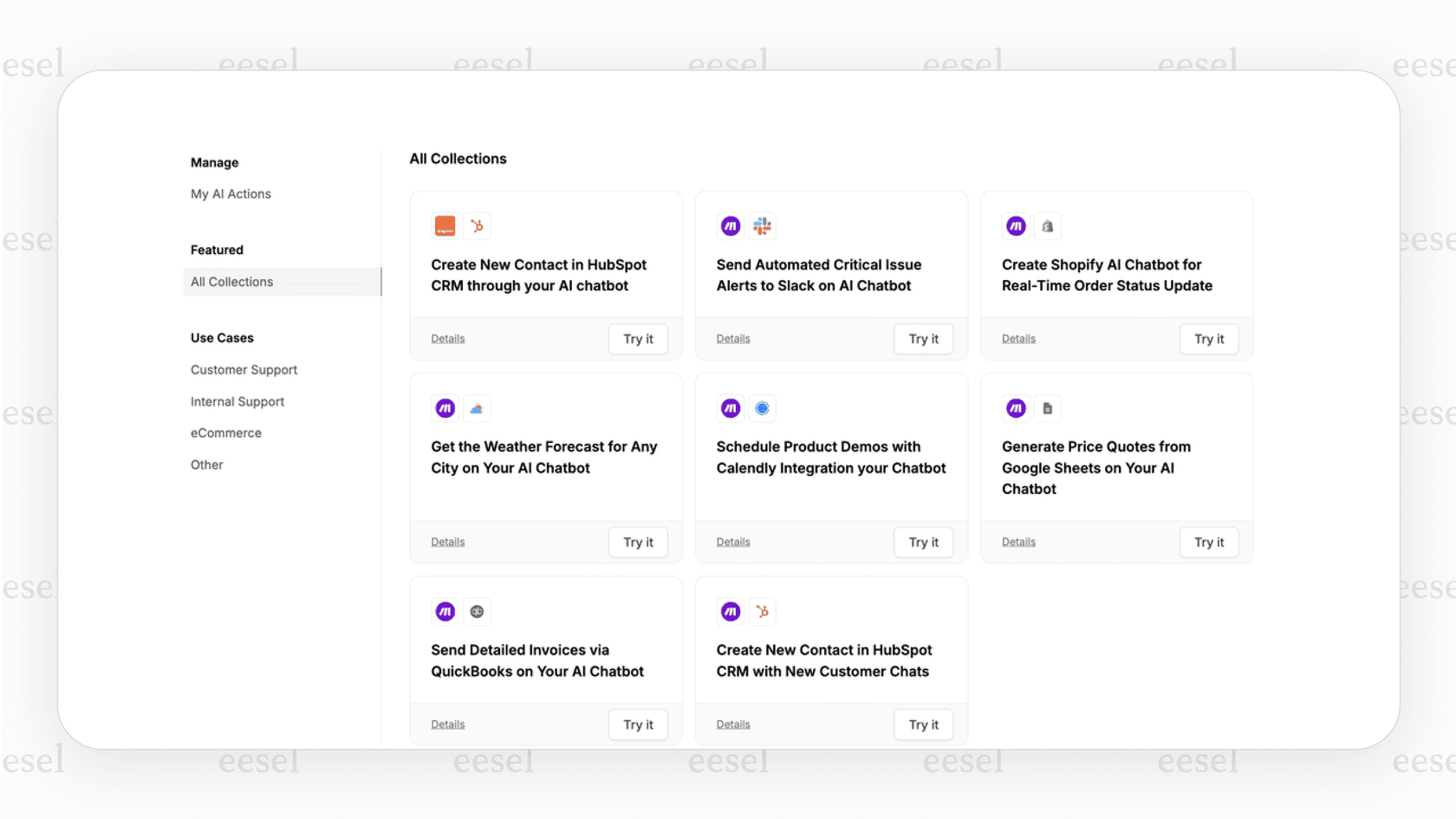 Screenshot of the LiveChat AI "AI Actions" interface, displaying options to create a new action and connect to external applications like Shopify or Zapier.