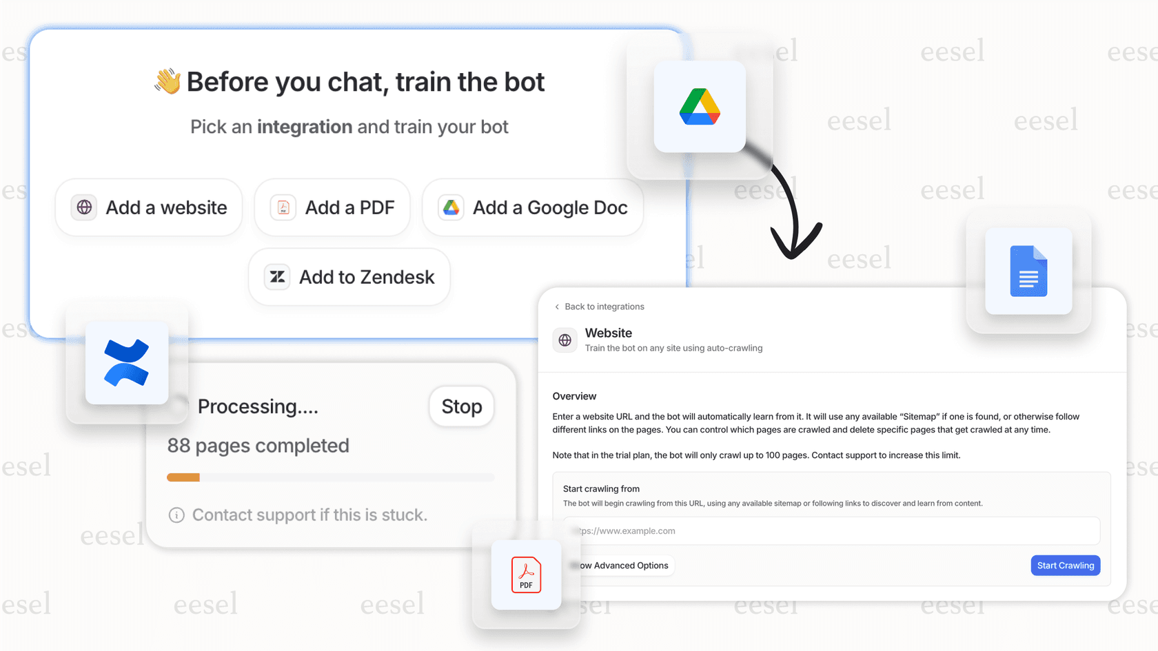 A diagram showing how the IT support AI agent from eesel AI learns from data sources like past tickets and gets smarter with feedback. It can be trained on historical support tickets, internal documentation, and procedural guides.