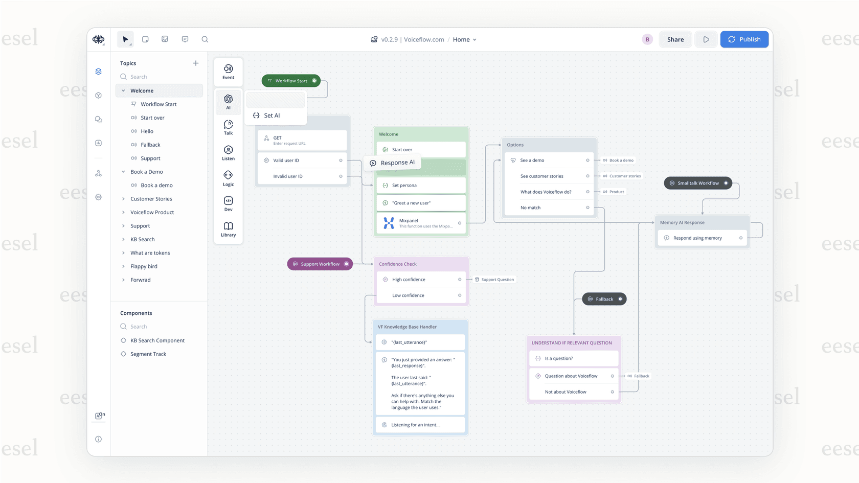 A screenshot of the Voiceflow platform, demonstrating the visual, drag-and-drop interface used for building top AI agents.