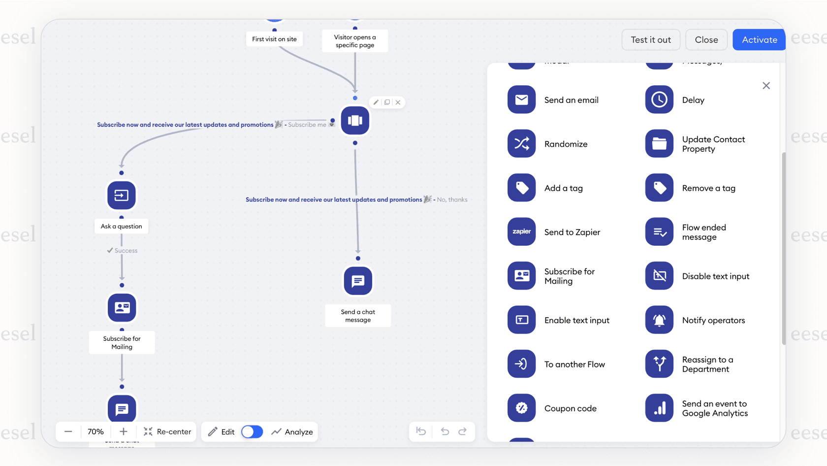 A screenshot of the Tidio Flows drag-and-drop editor, showing nodes for triggers like "First Visit on Page" connected to actions like "Send a Chat Message" to illustrate how the Tidio AI chatbot follows a script.