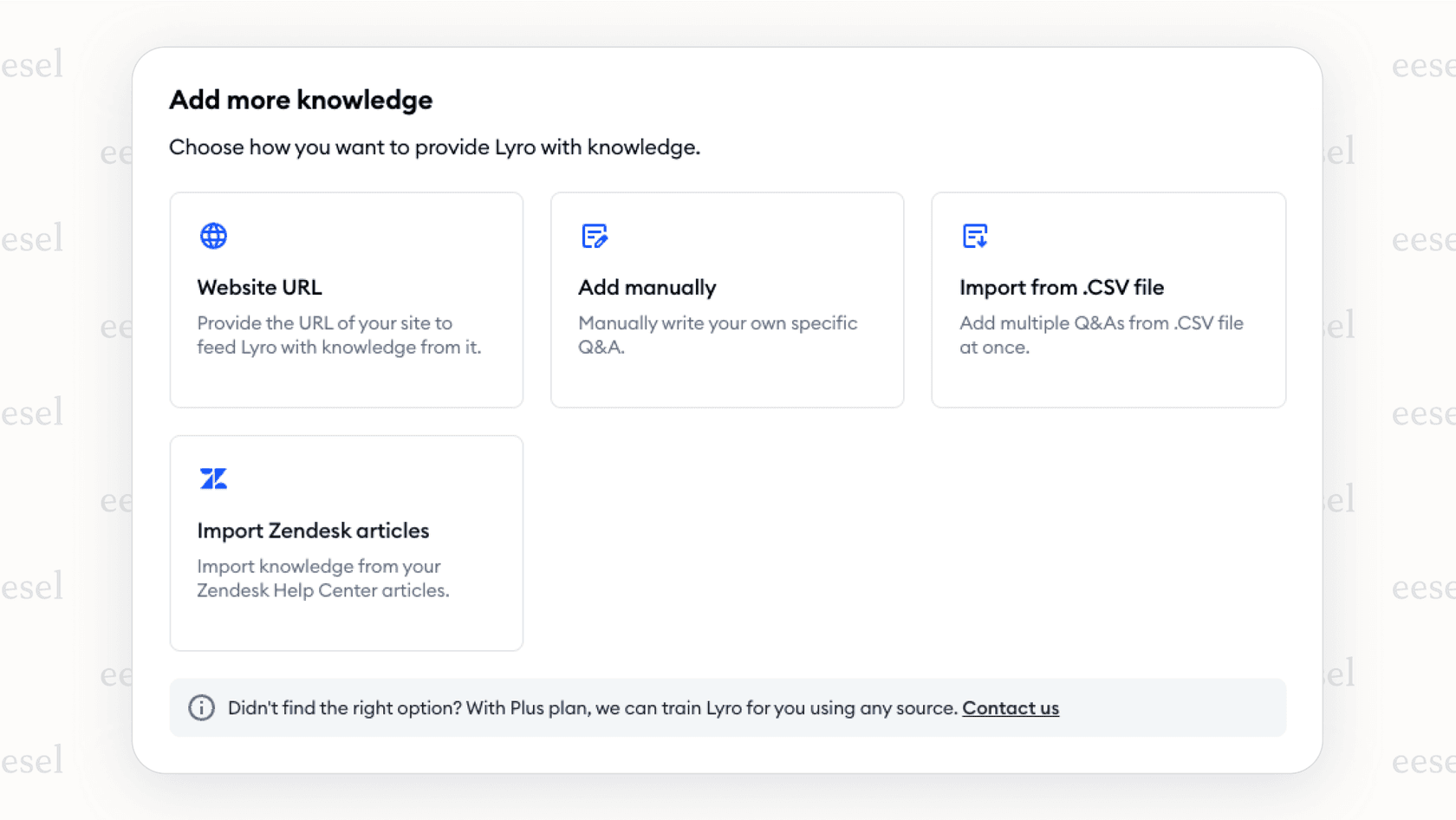 A screenshot of the Tidio dashboard showing the "Data Sources" section for Lyro. It displays options to add knowledge via URL, text, Q&A, and file import, illustrating how to train the Tidio AI chatbot.
