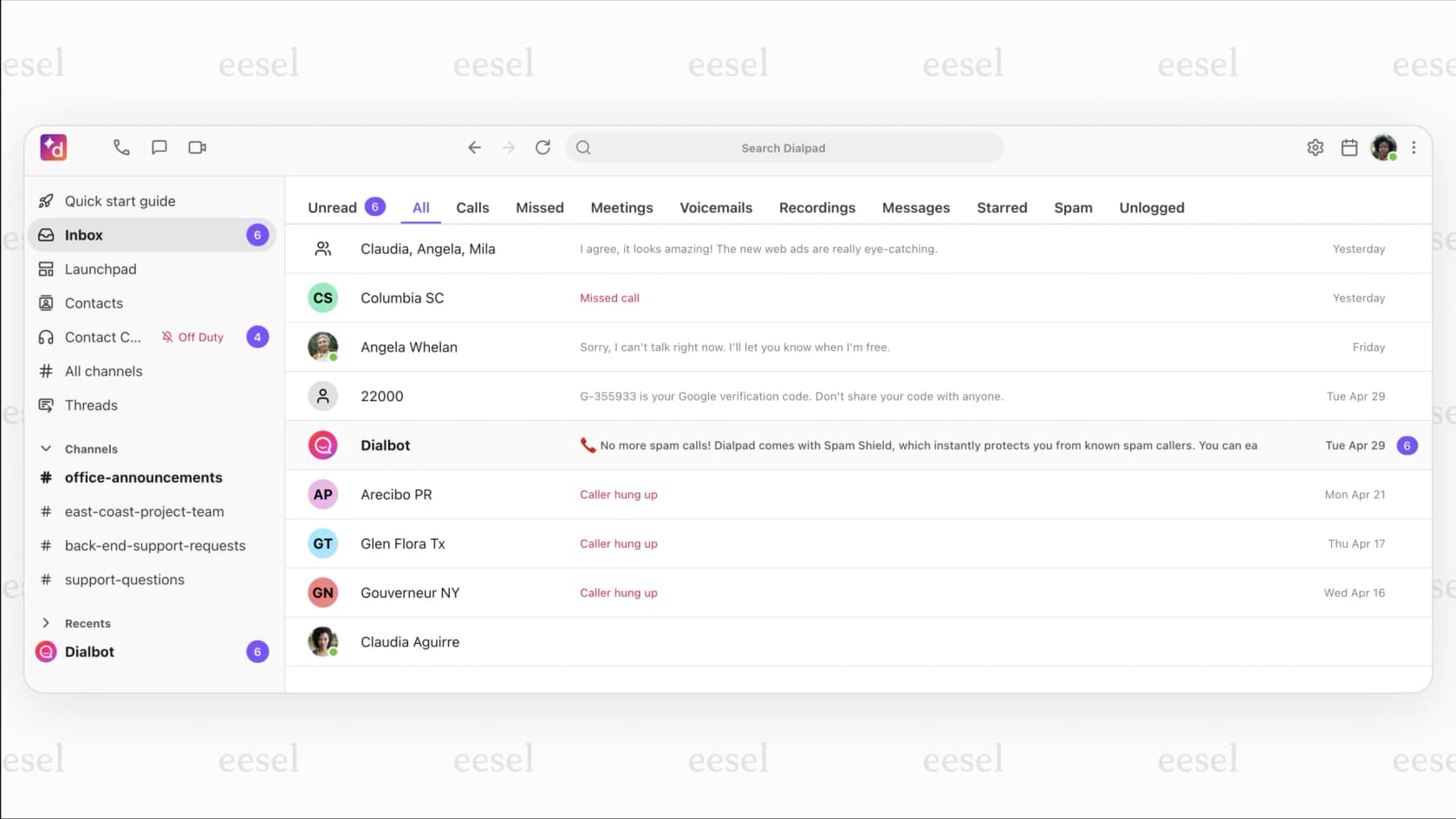 Dialpad's main user interface with call logs and messaging features.