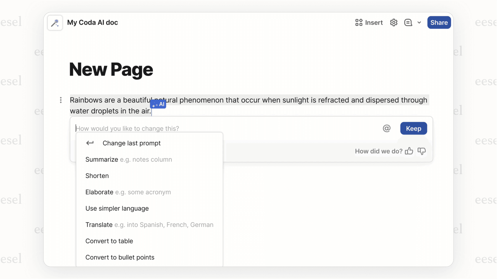 Using the Coda AI assistant for content creation.