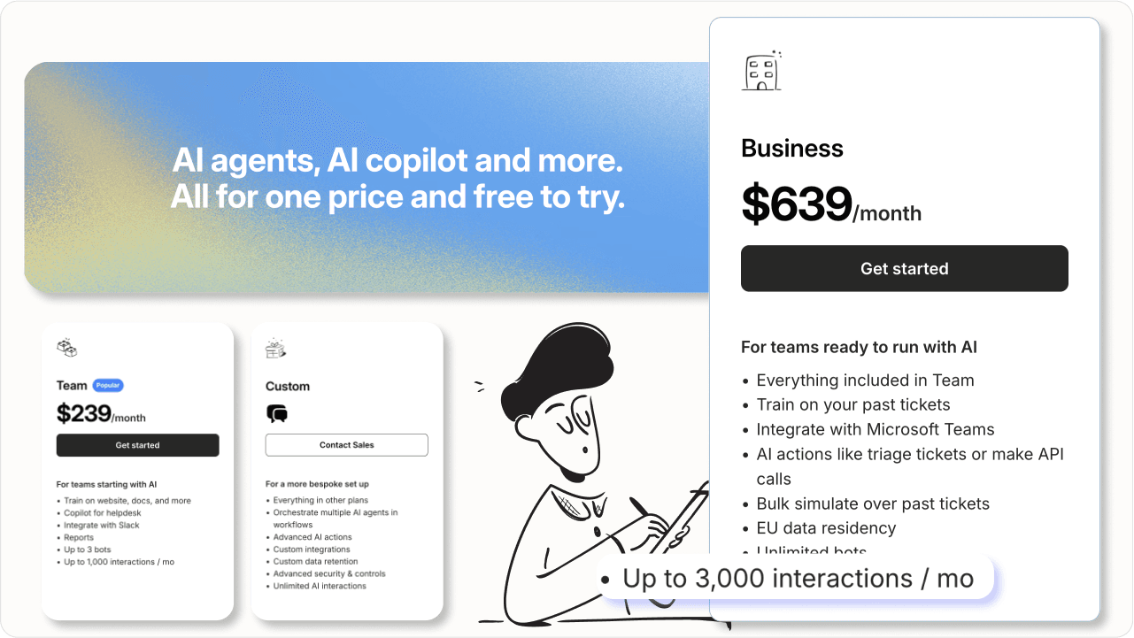 eesel AI pricing page highlighting clear pay-per-interaction pricing.