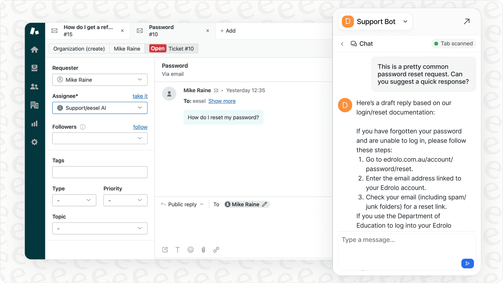 eesel AI browser extension (Copilot) assisting an agent with suggested replies in a helpdesk interface.