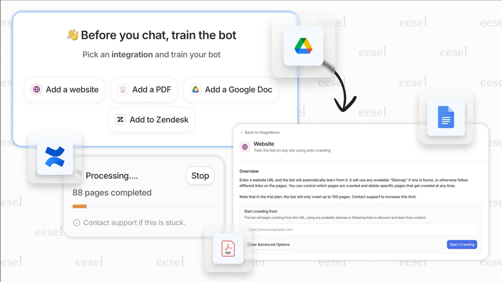 The eesel AI interface showing multiple knowledge sources connected, a feature that provides a superior alternative to the complex Dialpad pricing model.