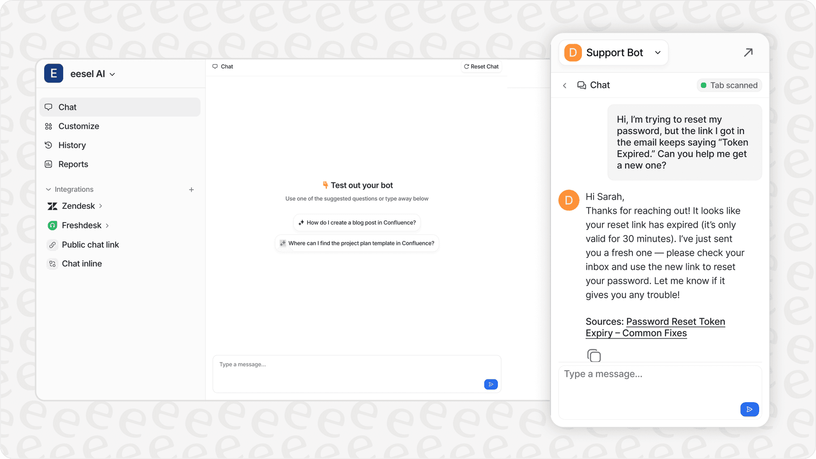 eesel AI dashboard highlighting AI assistant and AI agent features.