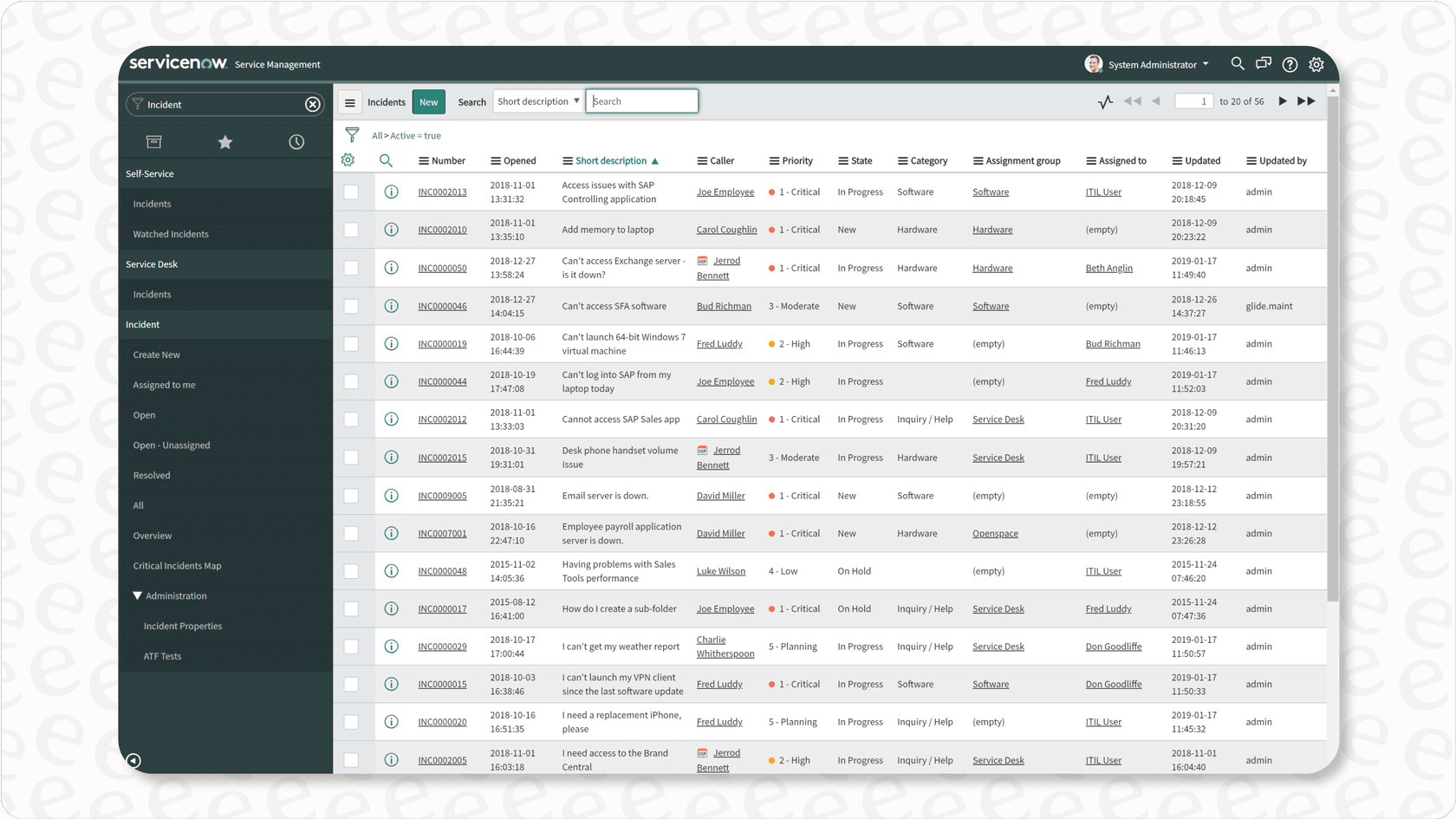 ServiceNow interface for enterprise customer service management.