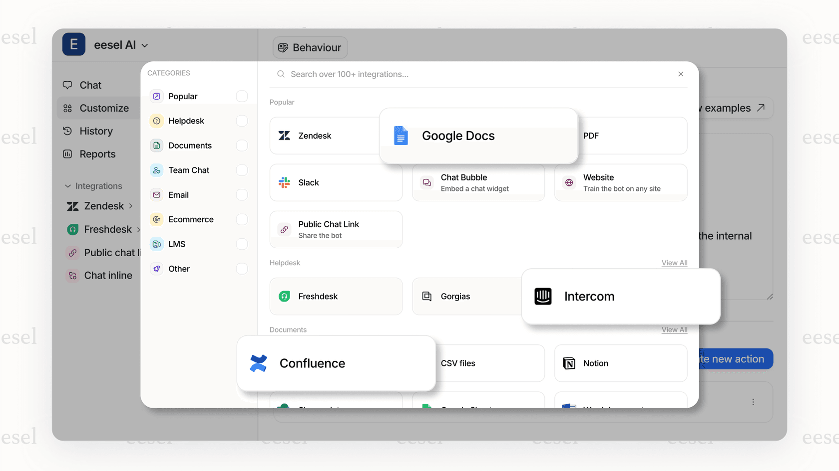 eesel AI integrations library showing cross-platform connections