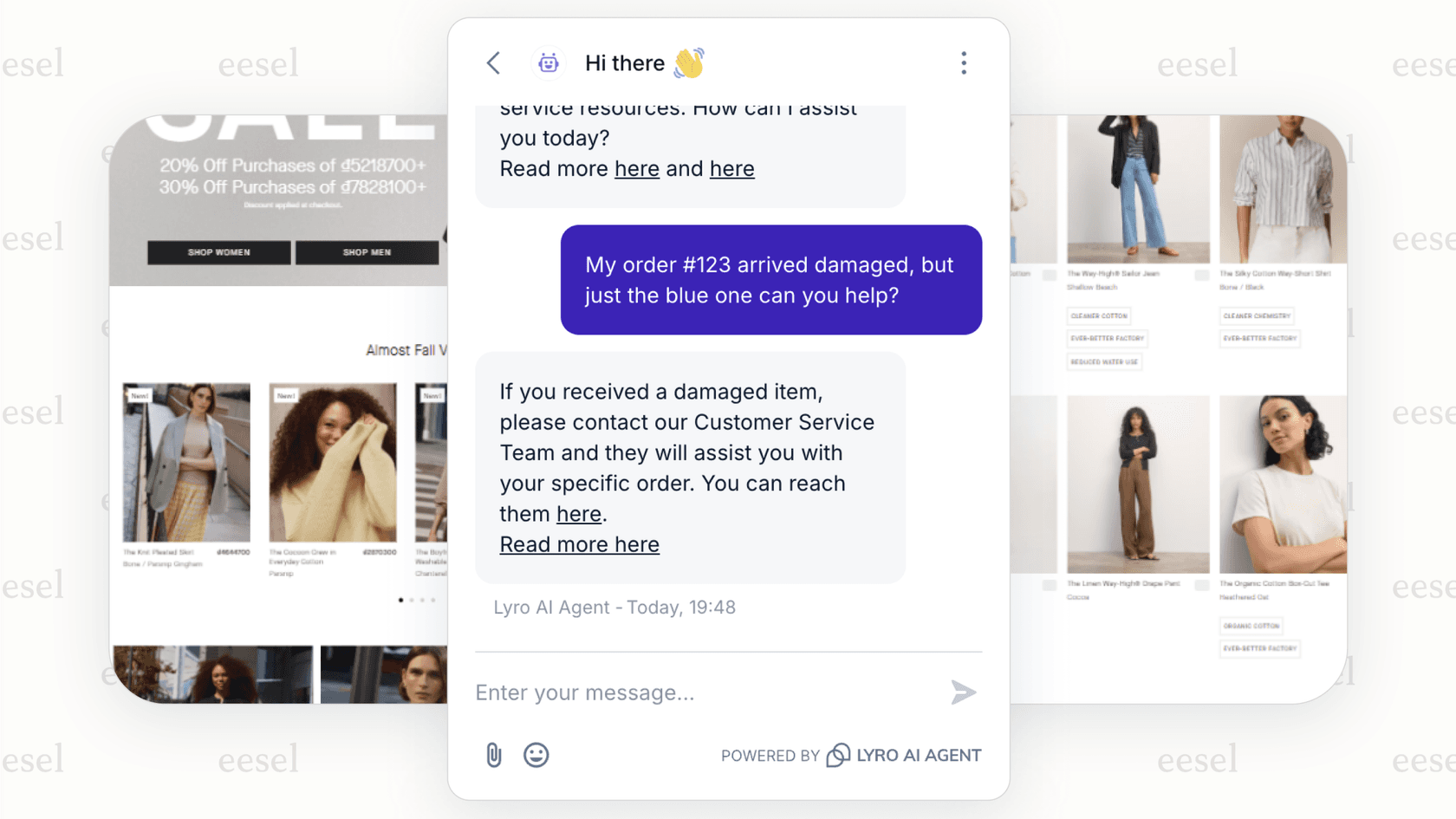 A screenshot of the Tidio chatbot widget with a friendly greeting on a sample e-commerce website.