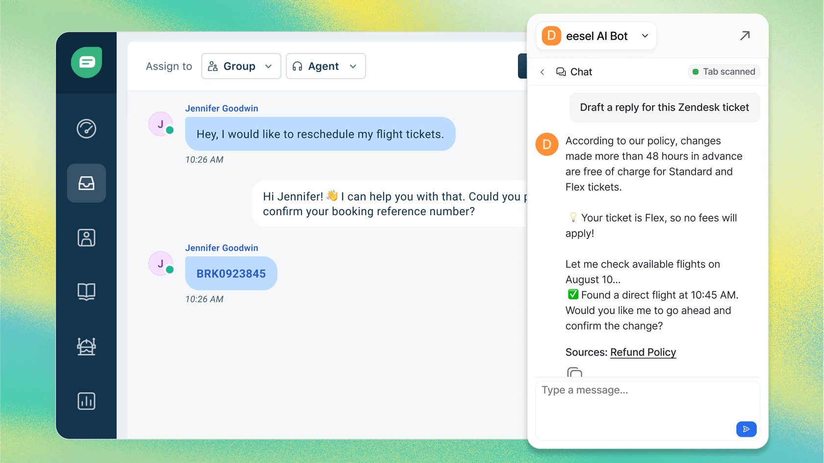 eesel AI Copilot drafting an on-brand reply to a refund request ticket with send and edit options.