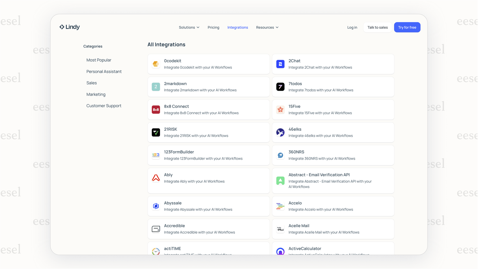 A screenshot showing the Lindy AI integrations library, featuring logos for popular apps like Slack, Google Calendar, and HubSpot.