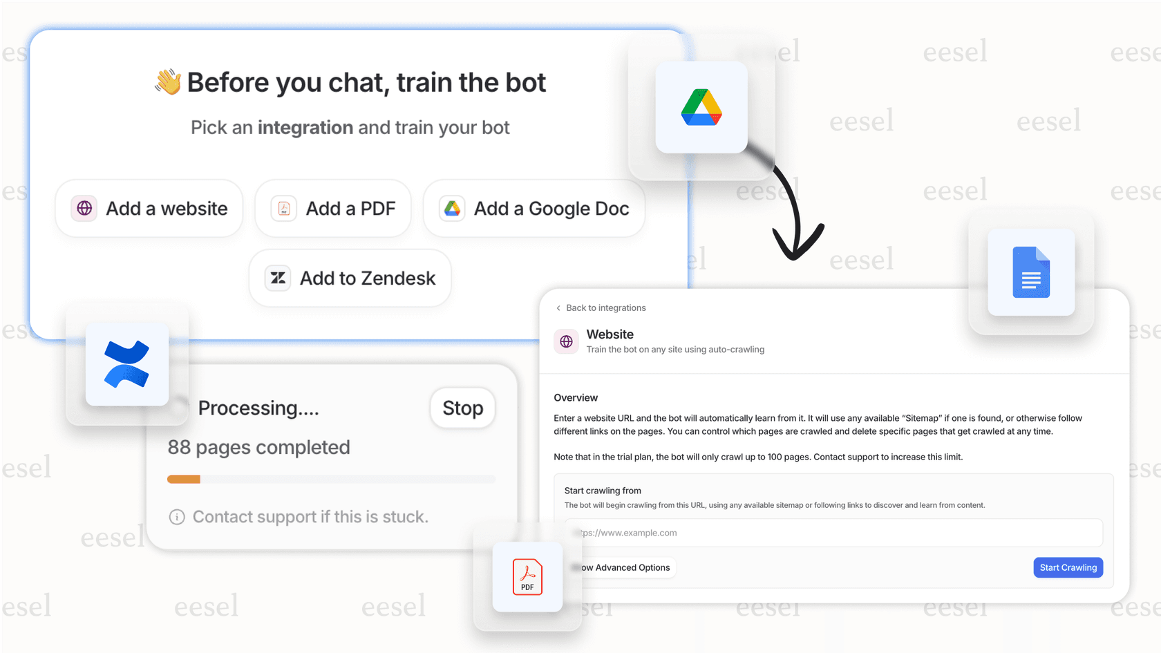 A screenshot of the eesel AI integrations page, a key part of setting up automated workflows, showing connections to various company knowledge bases.