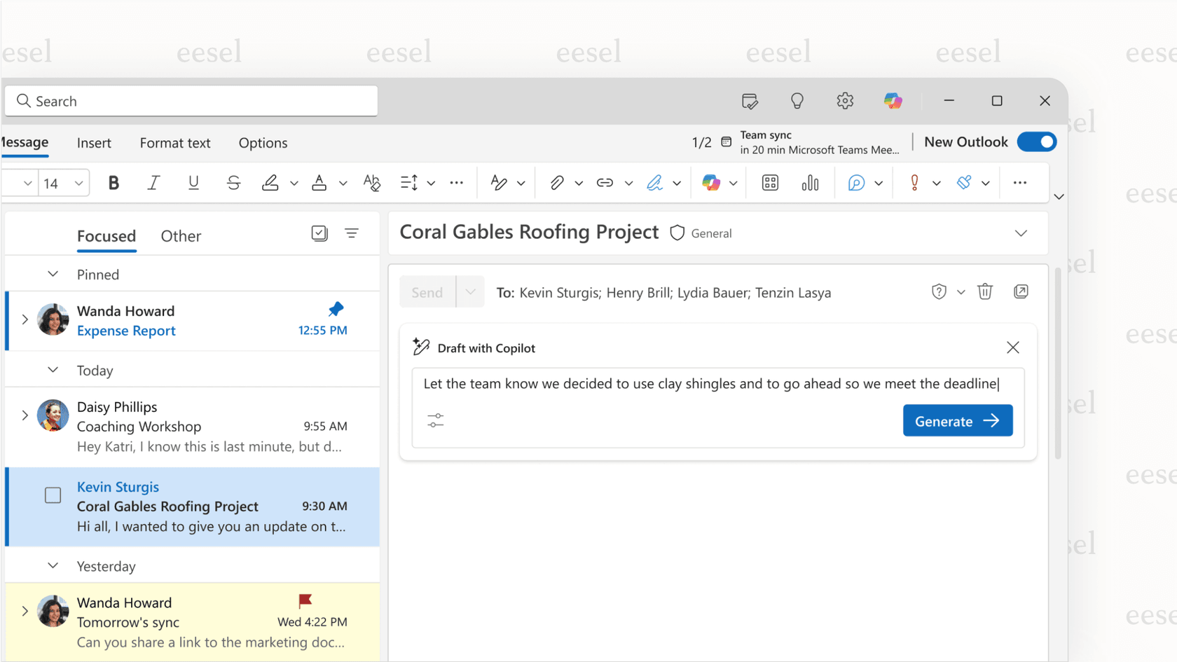 A screenshot of the Microsoft Outlook interface demonstrating the built-in AI for Outlook email features like drafting, summarizing, and coaching.