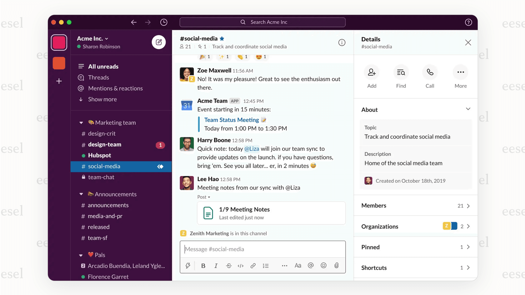 A complete Slack review must show the user interface, including the channel list on the left, a main conversation window, and a thread branching off a message.