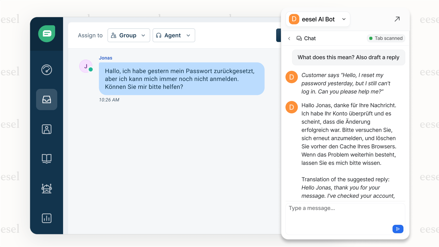 A screenshot of an AI Copilot helping an agent with a Multilingual support AI response by providing a real-time translation and draft.