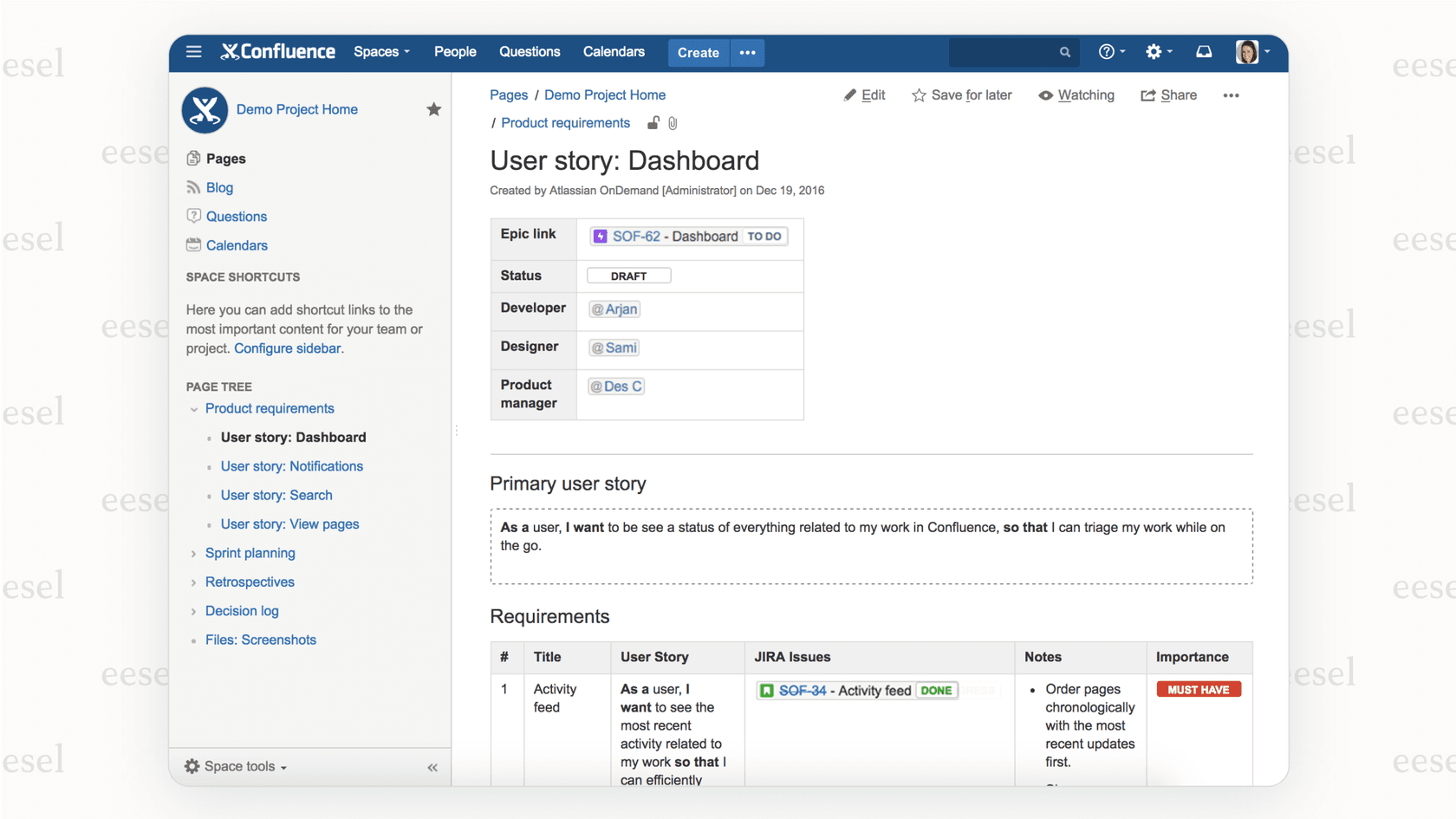 A screenshot of the Confluence interface, a popular GitBook alternative, demonstrating how a documentation page can be directly linked to relevant Jira tickets.