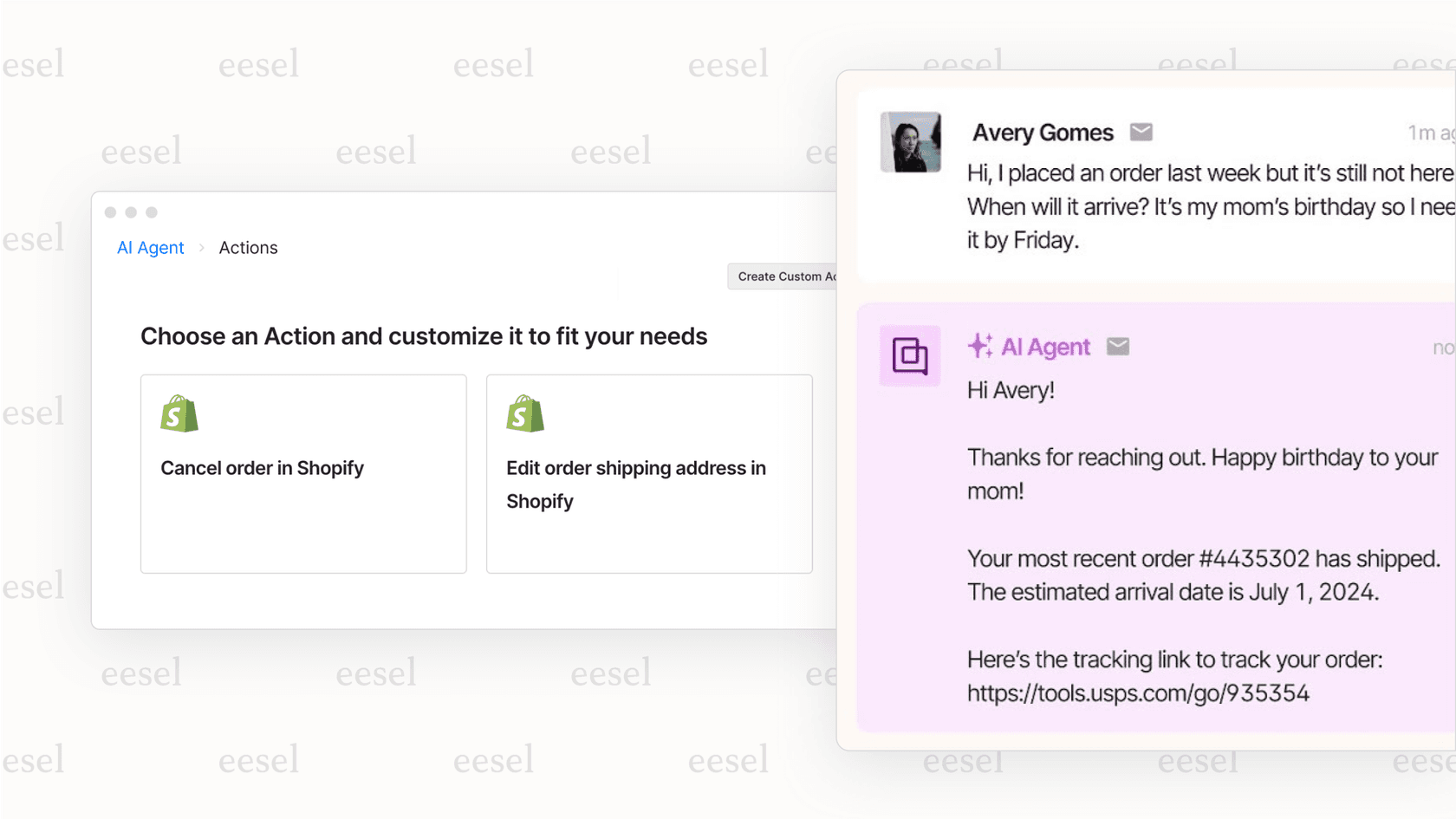A detailed screenshot for a Gorgias review that highlights the deep Shopify integration, showing customer order data and actions available directly within the help desk.