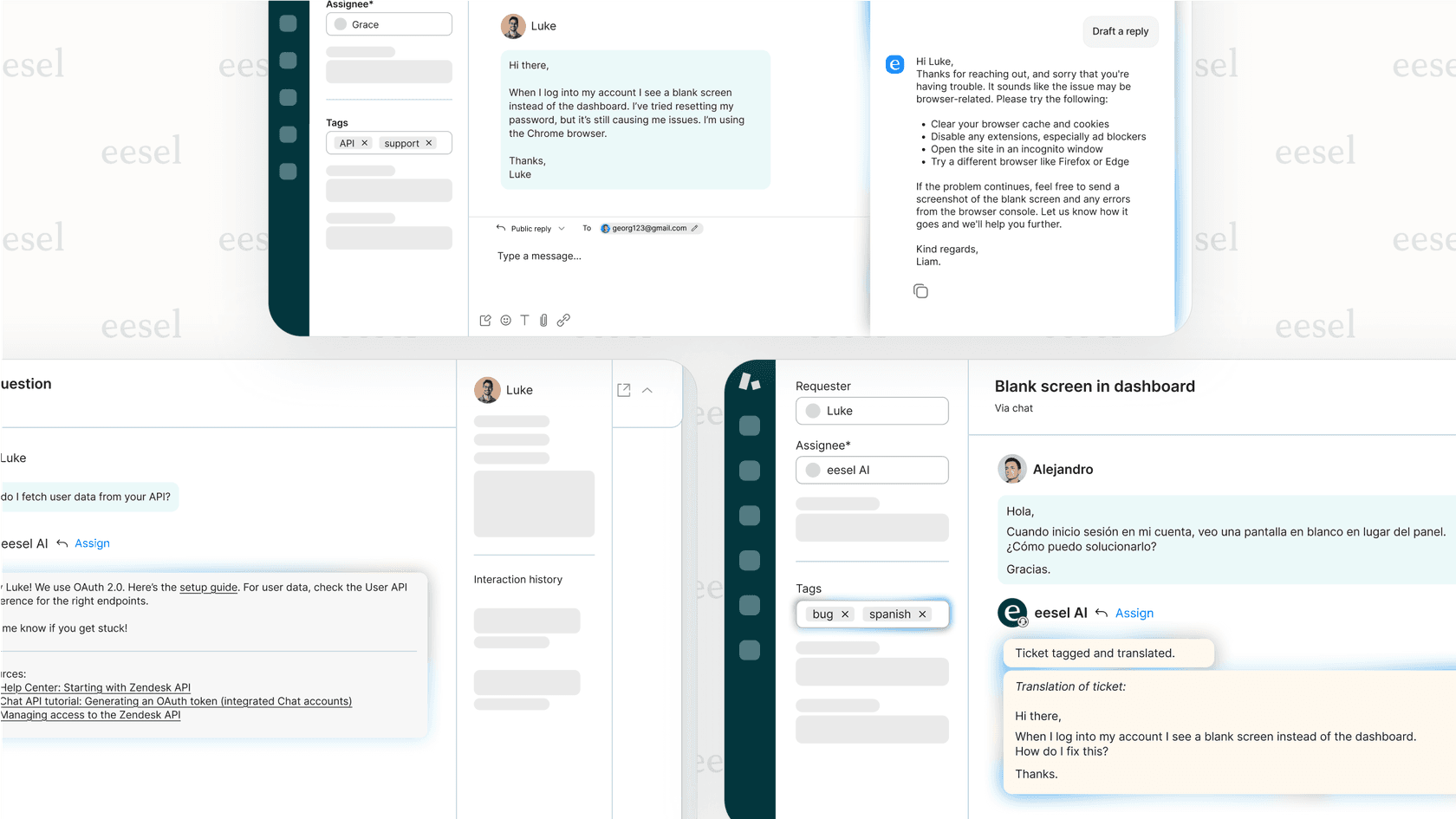 eesel AI platform dashboard showing AI Agent, AI Copilot, and AI Triage for customer service automation