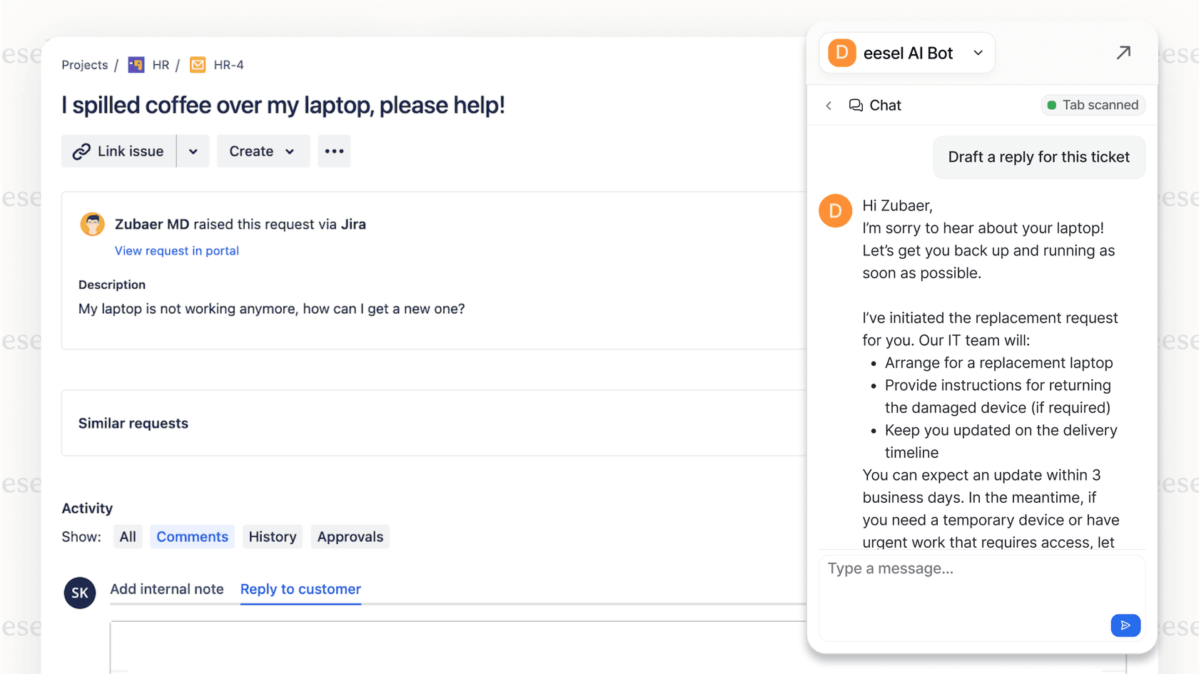 A screenshot demonstrating how the eesel AI copilot enhances AI for IT service management by providing real-time suggestions to an agent within Jira.