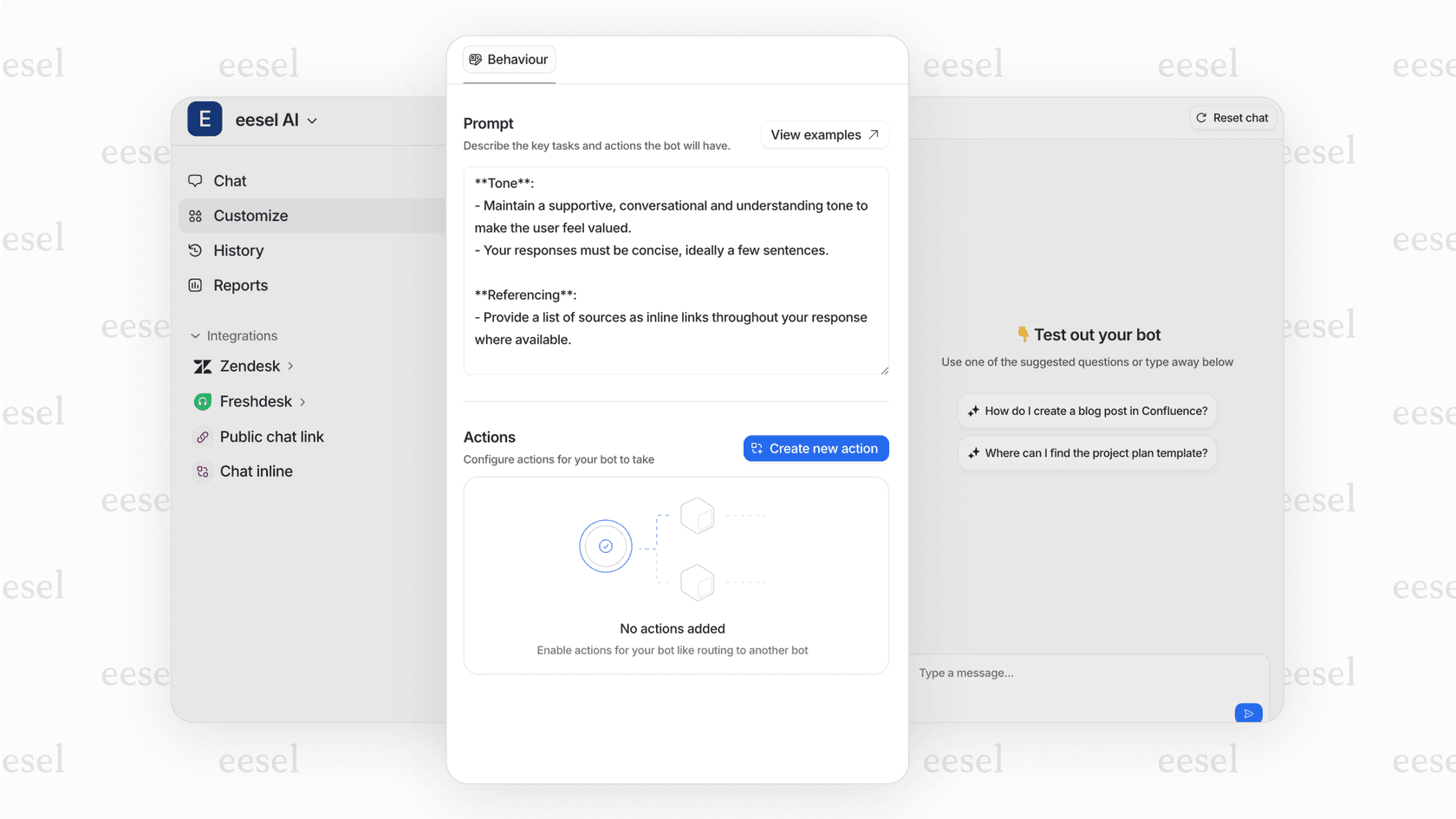 eesel AI admin interface for setting personality and escalation rules with simple text prompts