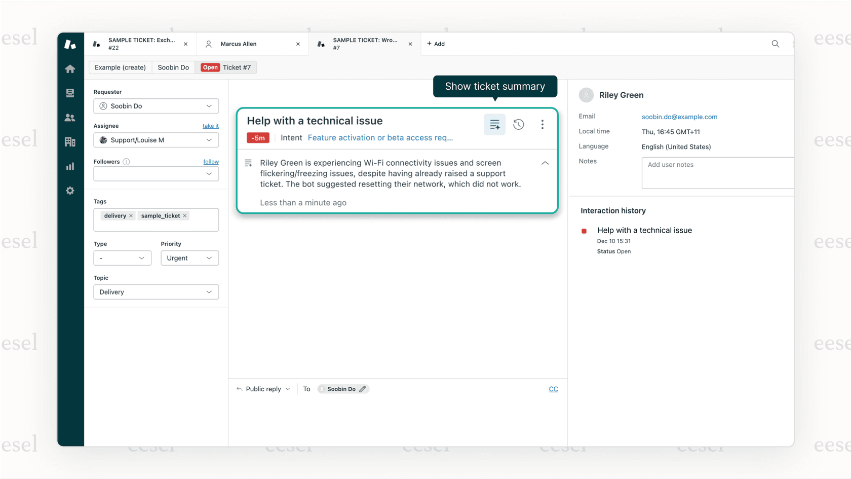 A screenshot showing how a warm AI escalation provides a human agent with a complete conversation summary, so the customer doesn