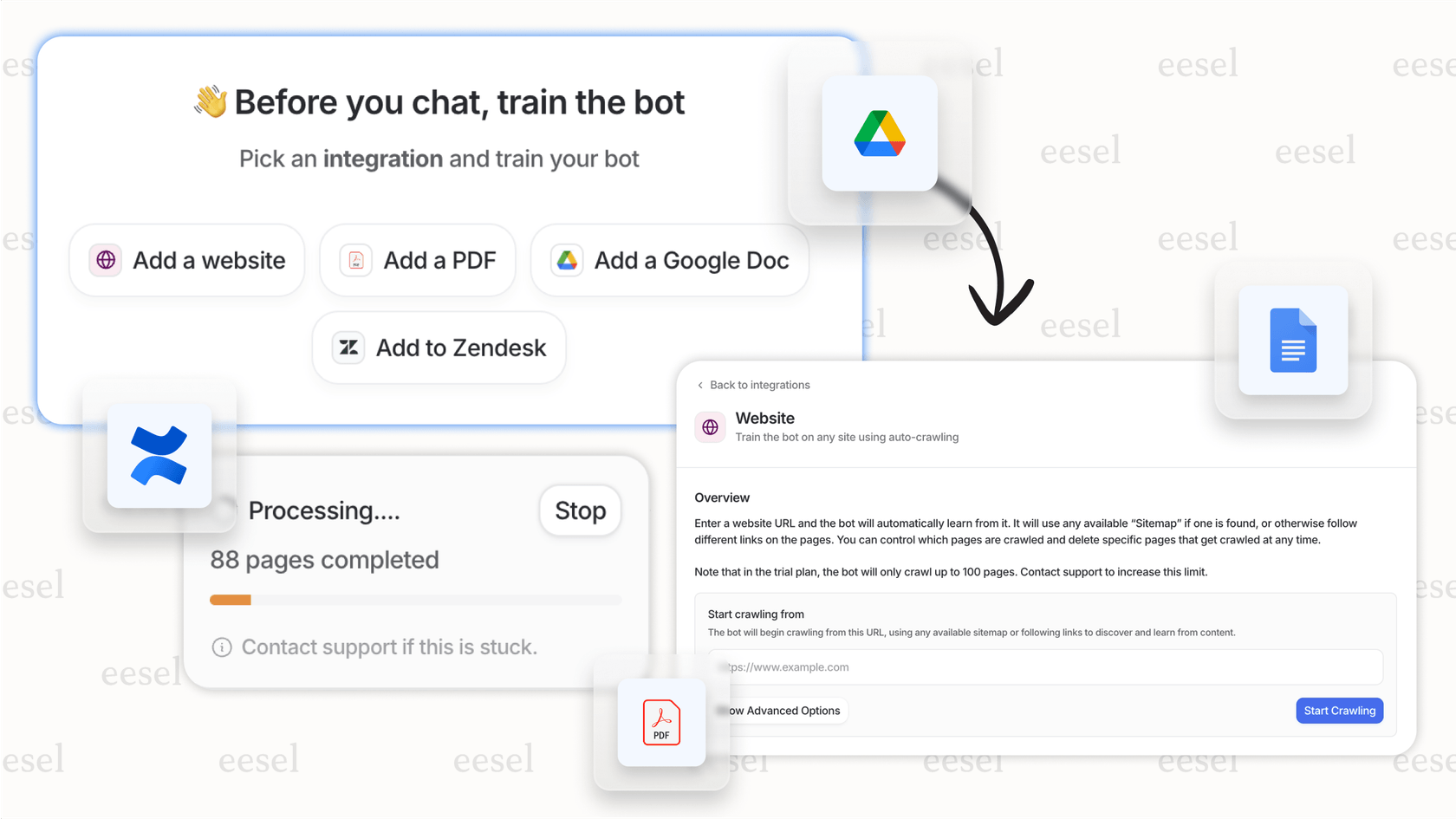 A screenshot showing how a Multilingual support AI connects to knowledge sources like Confluence and Google Docs to ensure accuracy.