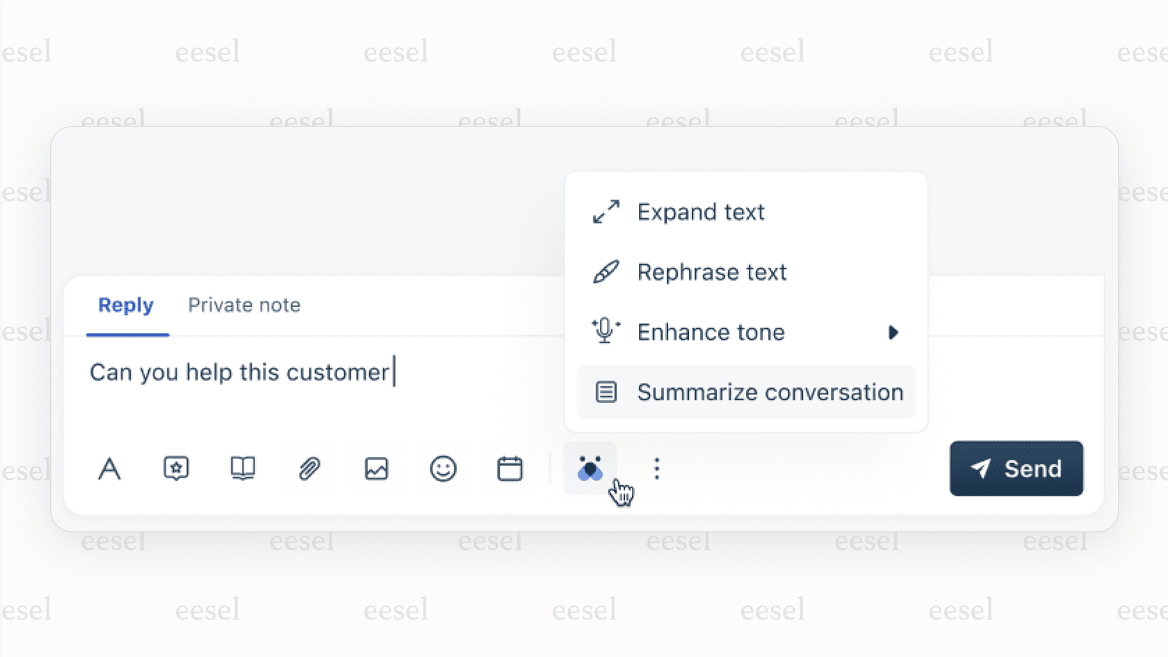 A screenshot highlighting the button to activate the native ticket summarization feature within a standard help desk platform.