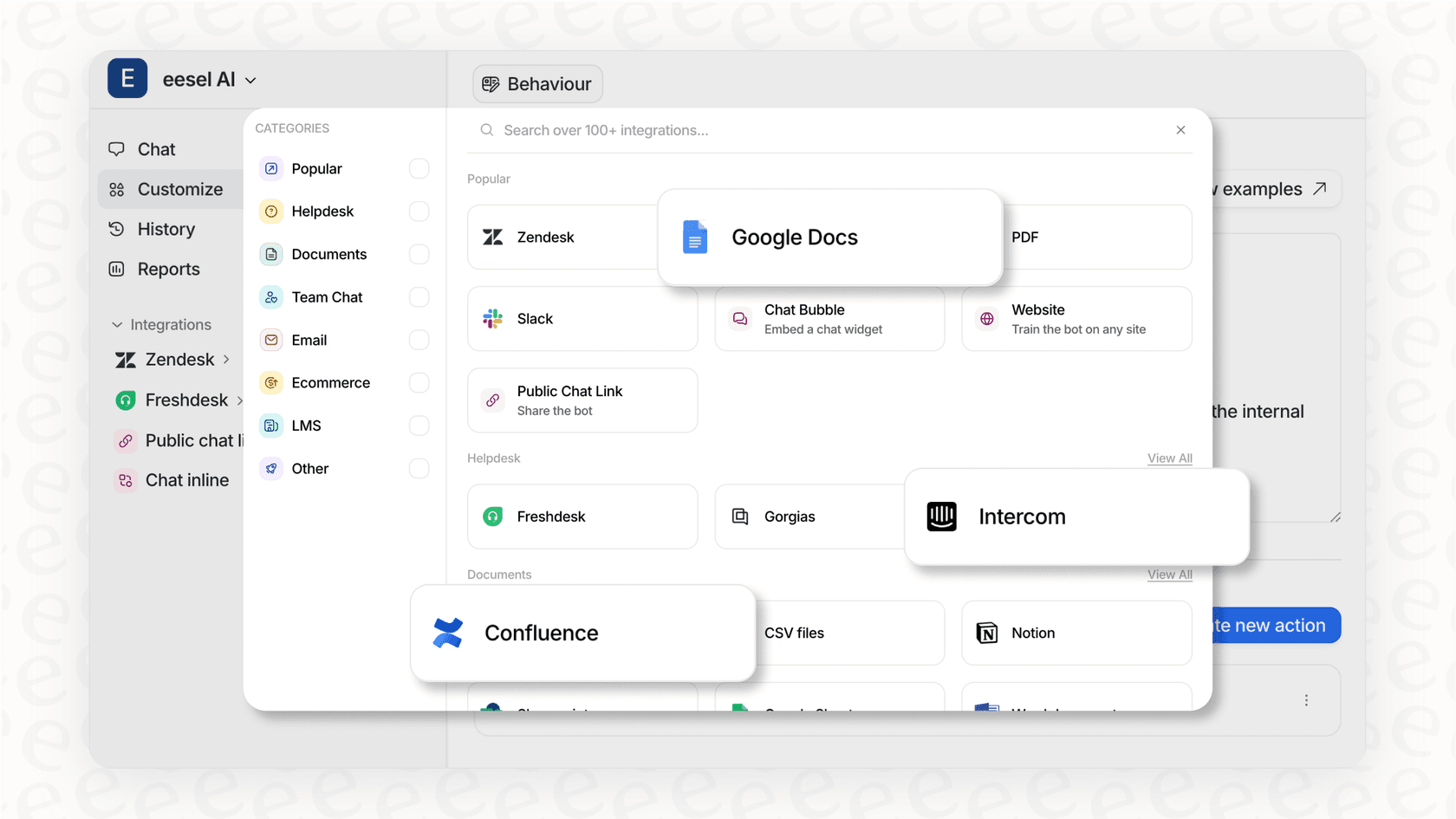 A view of the eesel AI automated ticketing system dashboard showing one-click integrations with tools like Zendesk.