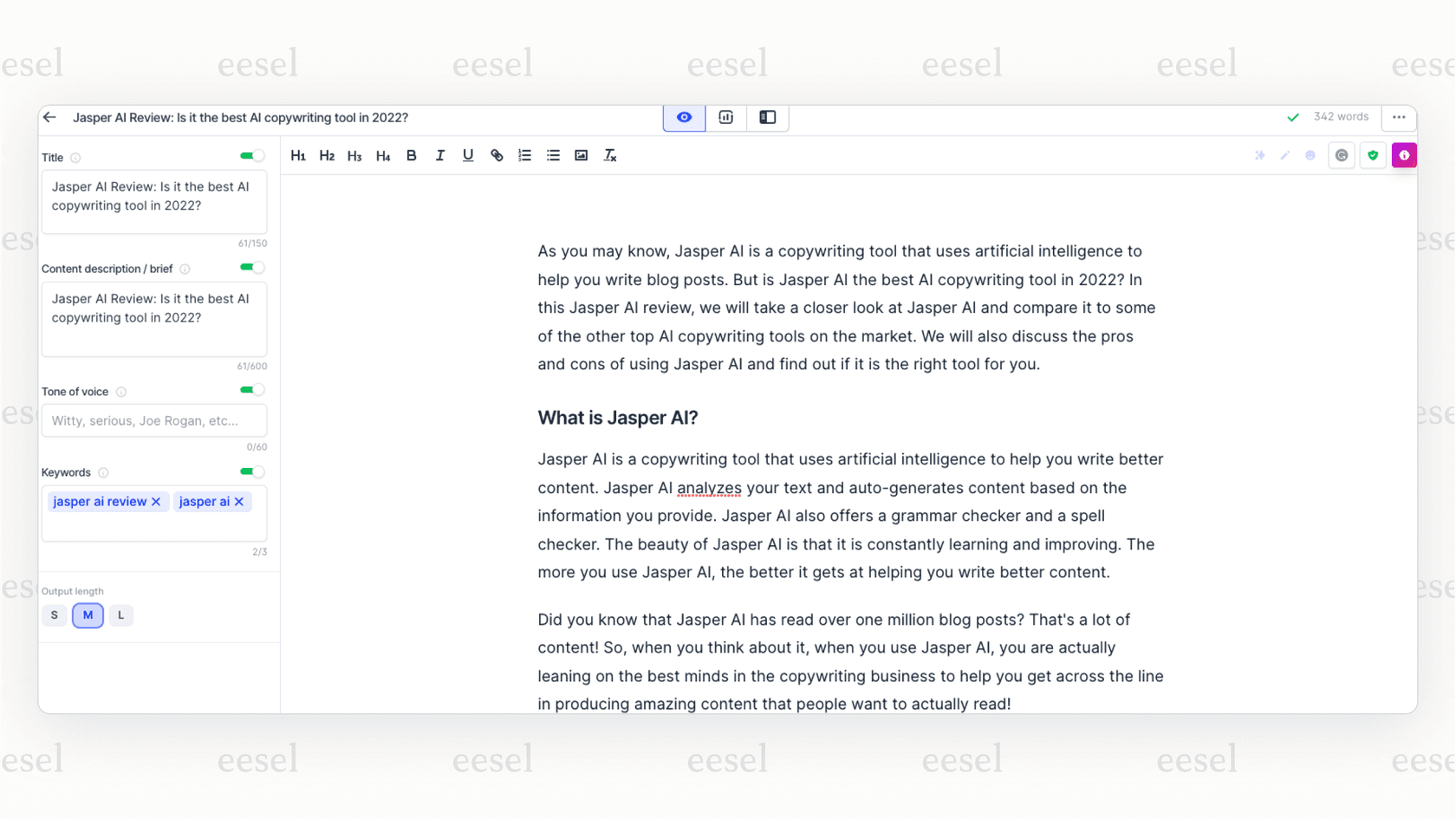 A screenshot showing the Jasper AI content editor creating marketing copy, demonstrating its value for AI affiliate marketing.