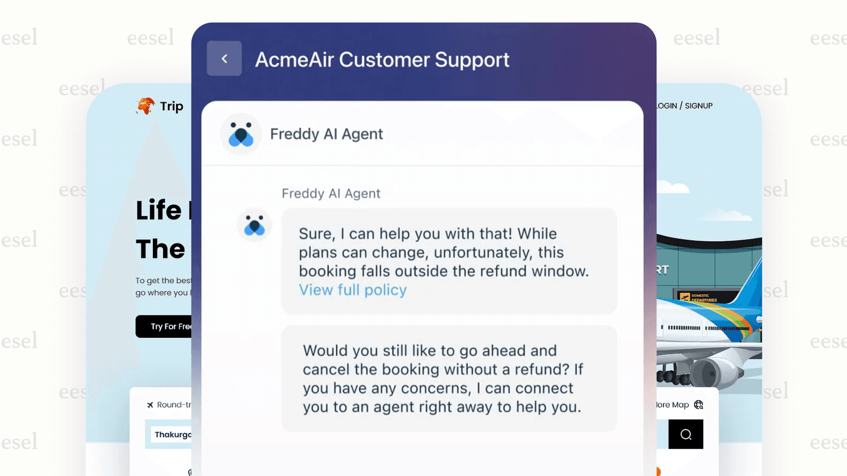 An image of a website with the Freshdesk AI chatbot widget open, showing the AI answering a common customer question, demonstrating the automation capabilities of Freshdesk AI features.