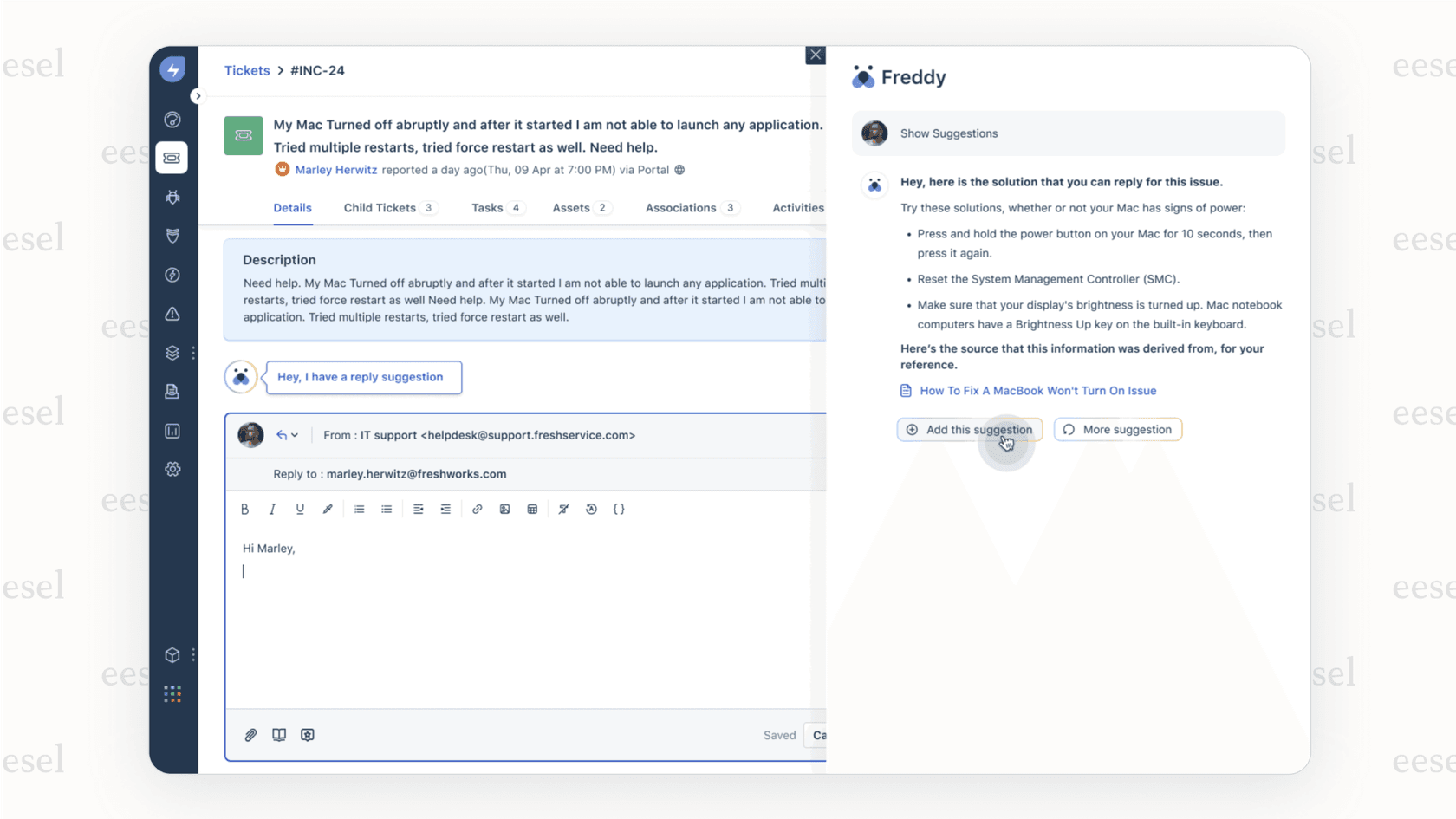 A screenshot of the Freshdesk agent view, where the Freddy AI for service desk sidebar is suggesting ticket field updates and providing a generated reply for a support ticket.