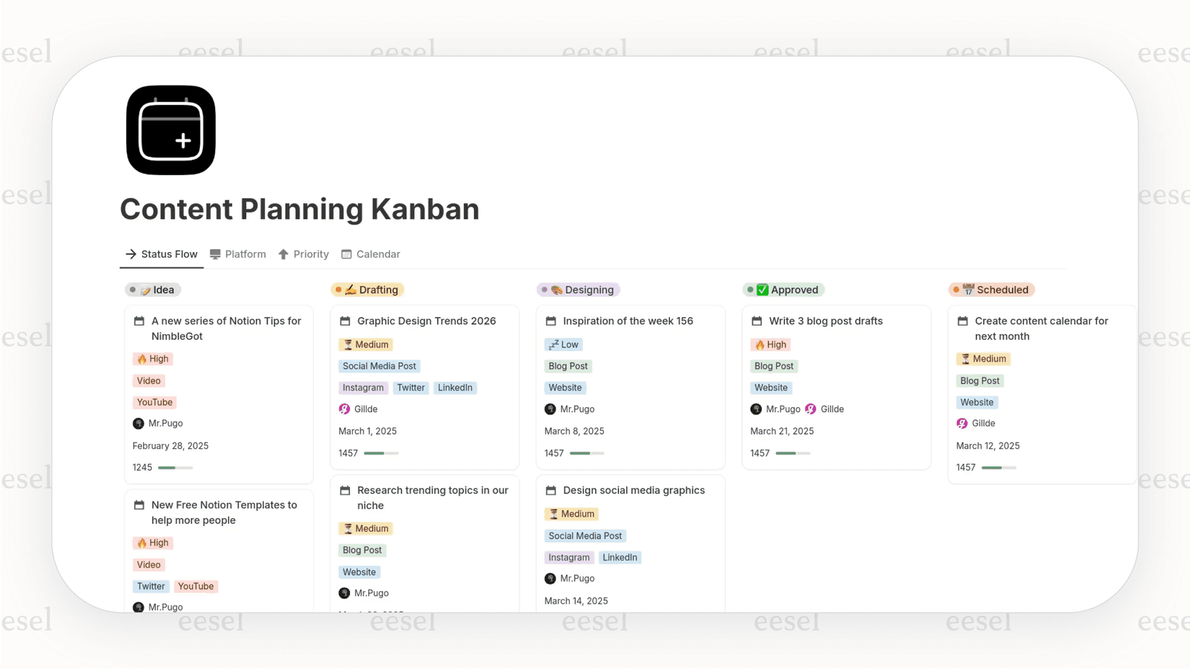 A screenshot for this Notion review showing a Kanban board used for task management, highlighting different database views.